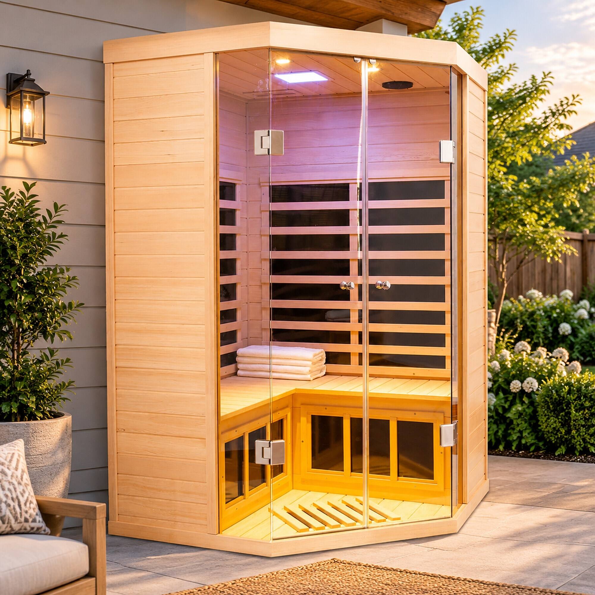 Left. RYHNUYNE - 2 Person Hemlock Far Infrared Corner Sauna, Panoramic Glass Front, 7 Heating Panels, 1520W, Bluetooth and APP Control - Natural.