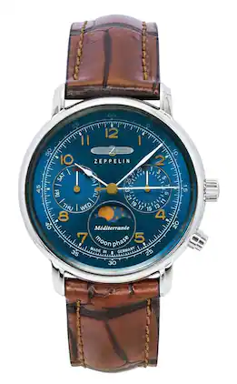 Zeppelin - Jahre Mediterranee Moonphase Leather Strap DIal Quartz 96373 Men's Watch - Blue
