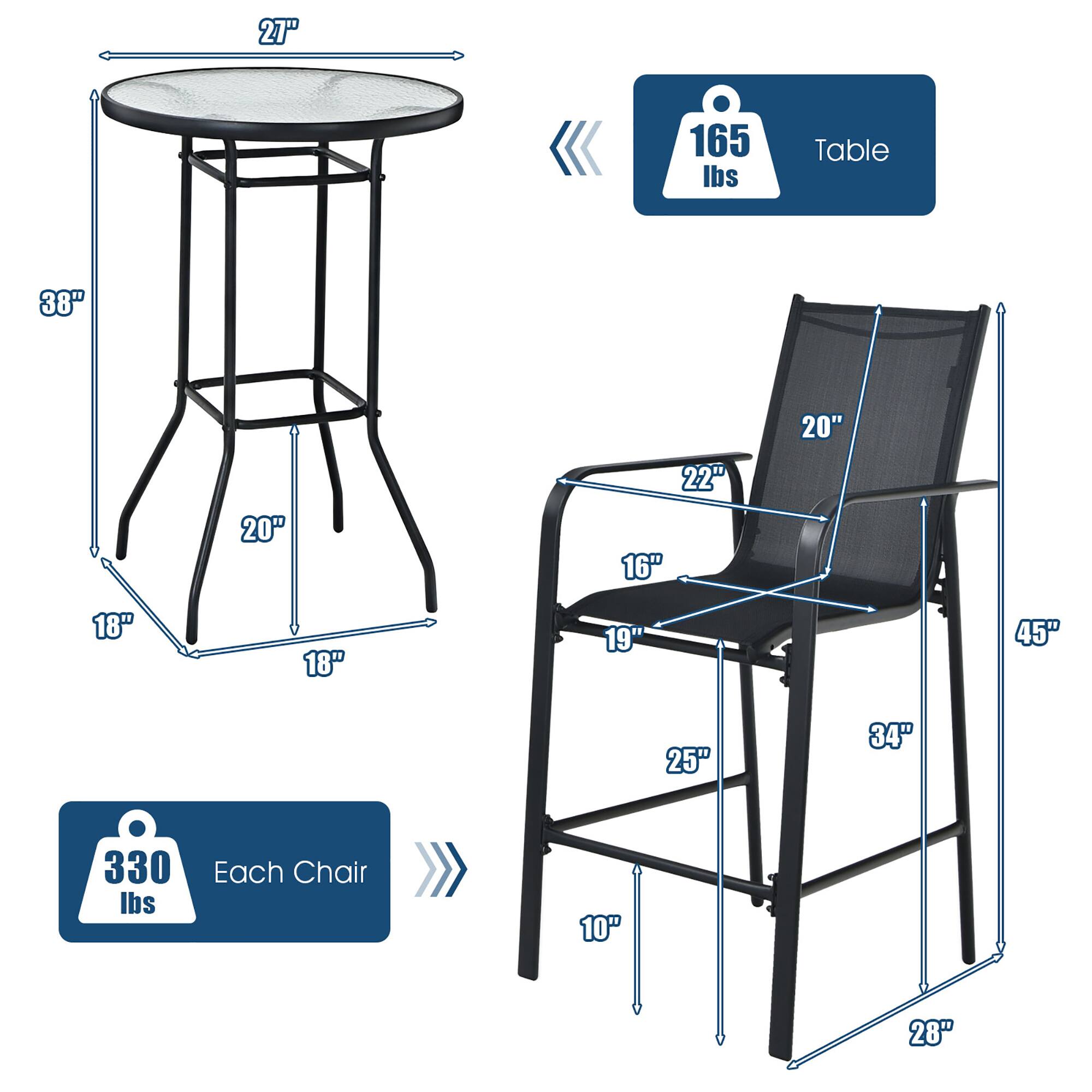 Table: 27", 38", 165 lbs

Chair: 20", 22", 16", 18", 18", 19", 45", 25", 34", 10", 28", 330 lbs