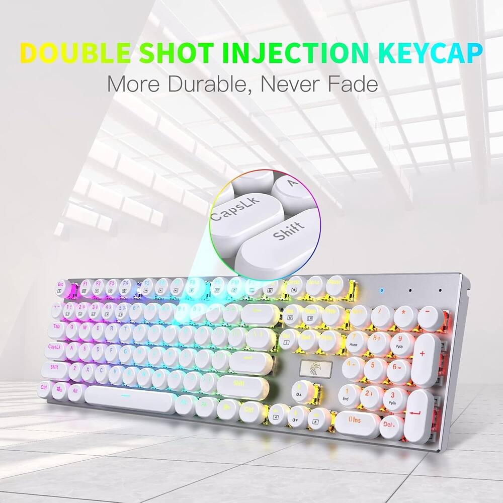 DOUBLE SHOT INJECTION KEYCAP  
More Durable, Never Fade  

CapsLk Shift Exc  
12 T - F4 F F5 C R FE a I F9 20 + T - Arod 1! eS 31 F a 5% 6  
a a Tab 0 * E 1 T E A 5 5 F 5 5AR 2 t : 1 . Cor 4 AE 7 . . E .  
. E L M . F F Fe Su Ct I D 0 du 3+ F / * 7 8 2 y -OM N 4 5 6- 1 2 3 Ent Putle D Ins Del. - +