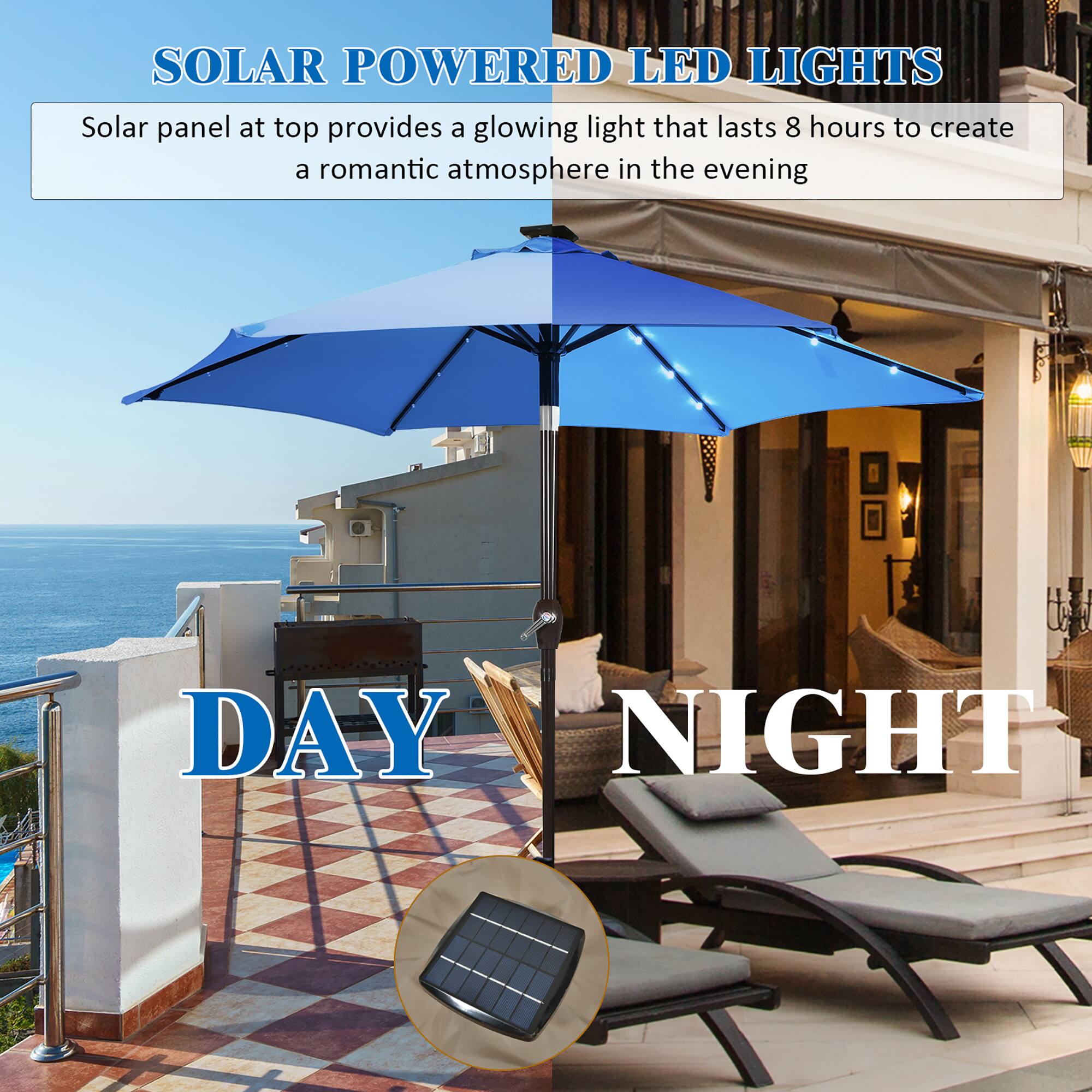Solar Powered LED Lights: Solar panel at top provides a glowing light that lasts 8 hours to create a romantic atmosphere in the evening.