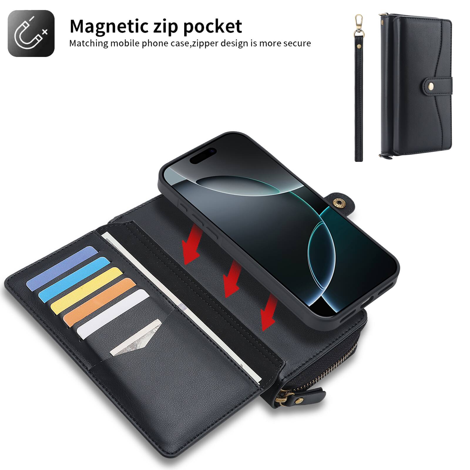 Magnetic zip pocket  
Matching mobile phone case, zipper design is more secure