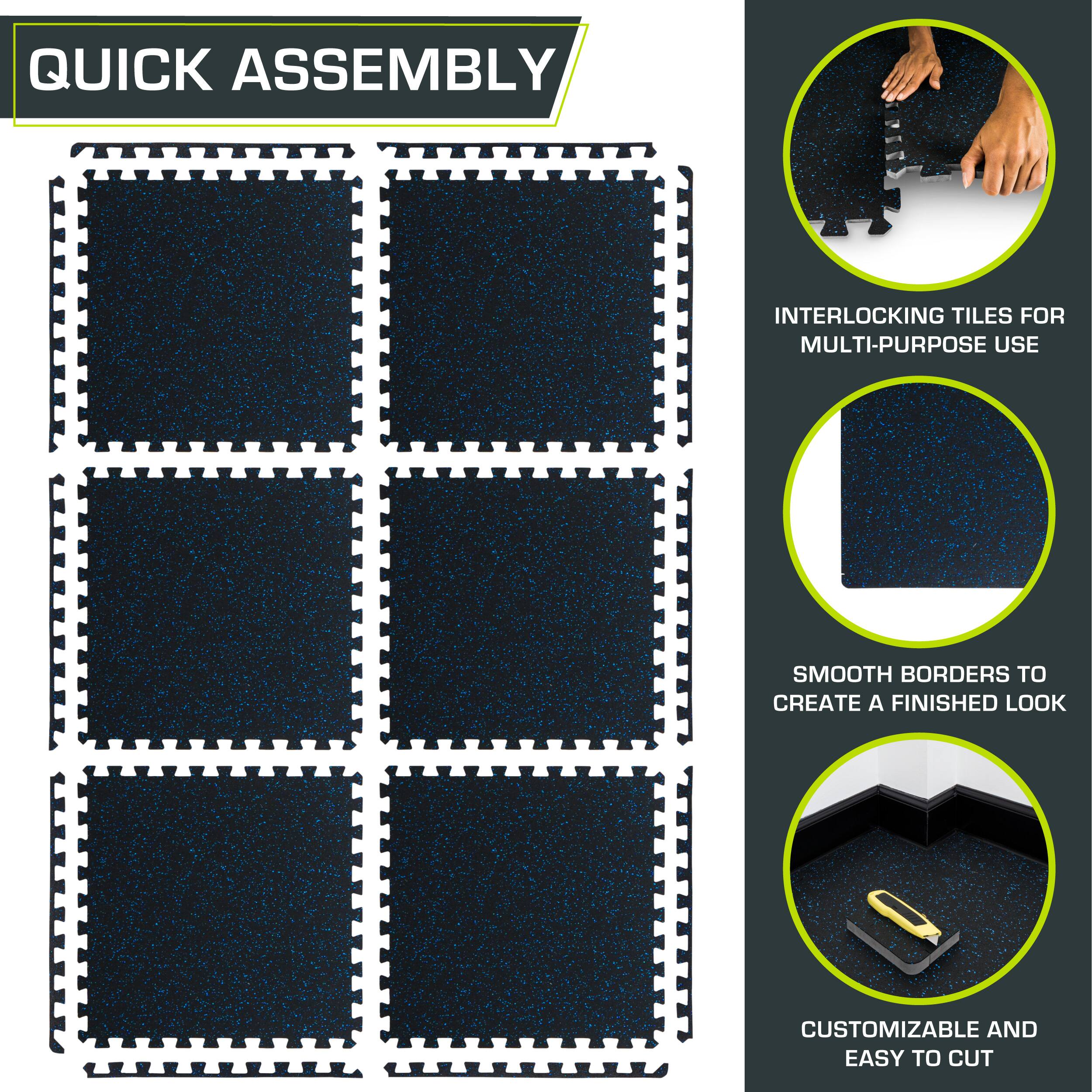 Quick Assembly Interlocking Tiles for Multi-Purpose Use. Smooth Borders to Create a Finished Look. Customizable and Easy to Cut.