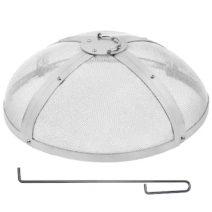 Front. VEVOR - Fire Pit Spark Screen Round 27", Reinforced Heavy Duty Steel Metal Cover, Outdoor Firepit Lid, Easy-Opening Top Screen - Silver.