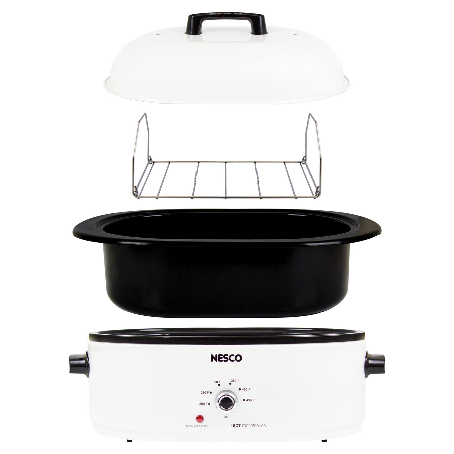 NESCO  
18QT roaster oven  
350°F  
400°F  
450°F  
250°F  
200°F  
300°F  
DANGER: HOT SURFACE