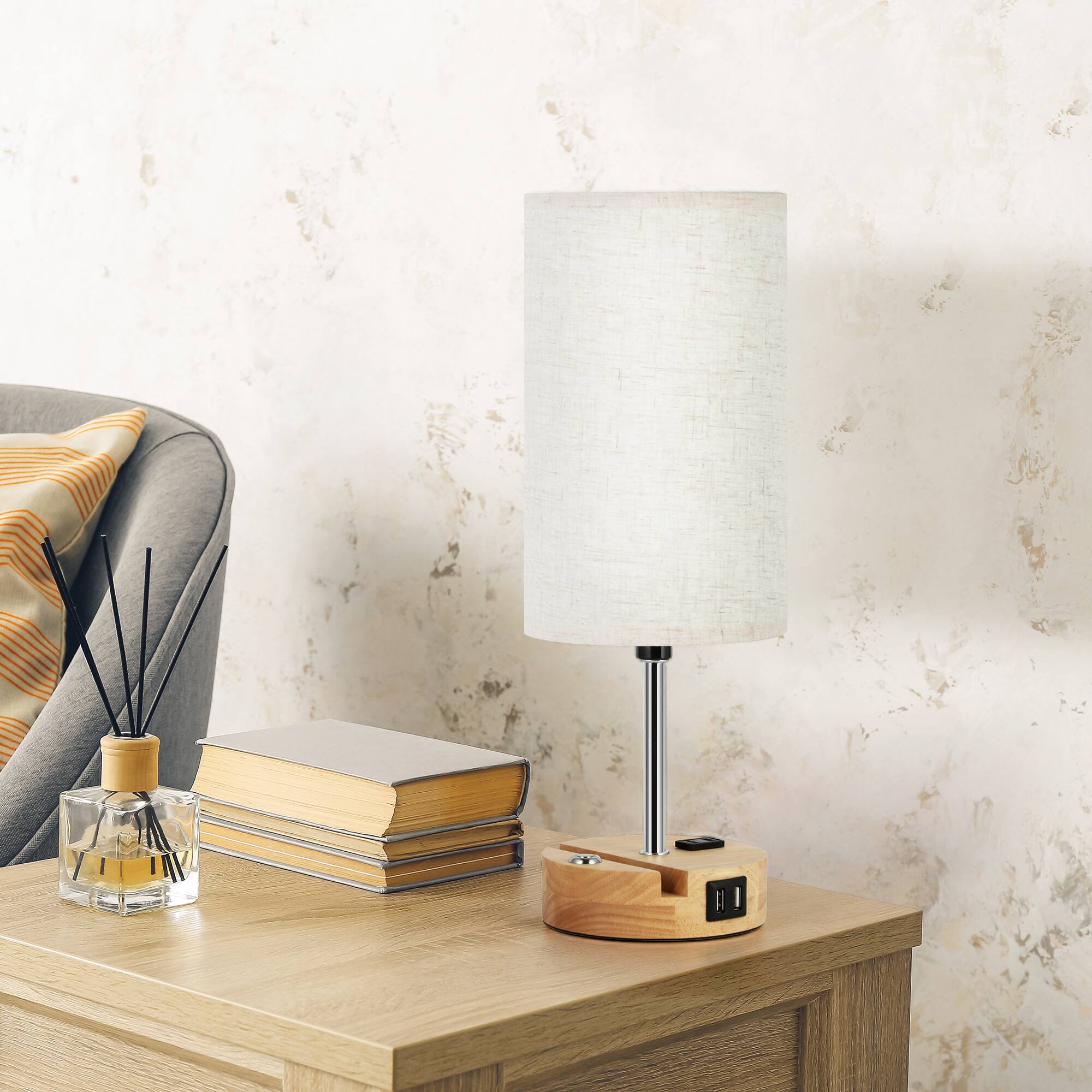 Oumilen 16.1in Wooden Base Table Lamp 2 Pack – Cylinder Linen Shade ...