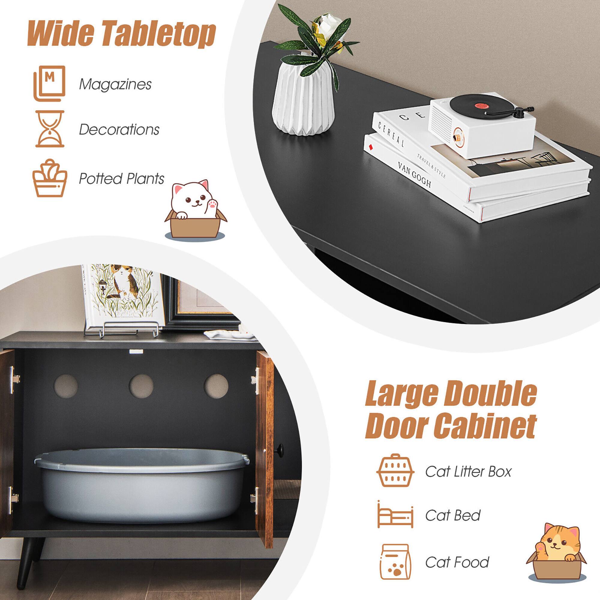 Wide Tabletop  
- Magazines  
- Decorations  
- Potted Plants  

Large Double Door Cabinet  
- Cat Litter Box  
- Cat Bed  
- Cat Food