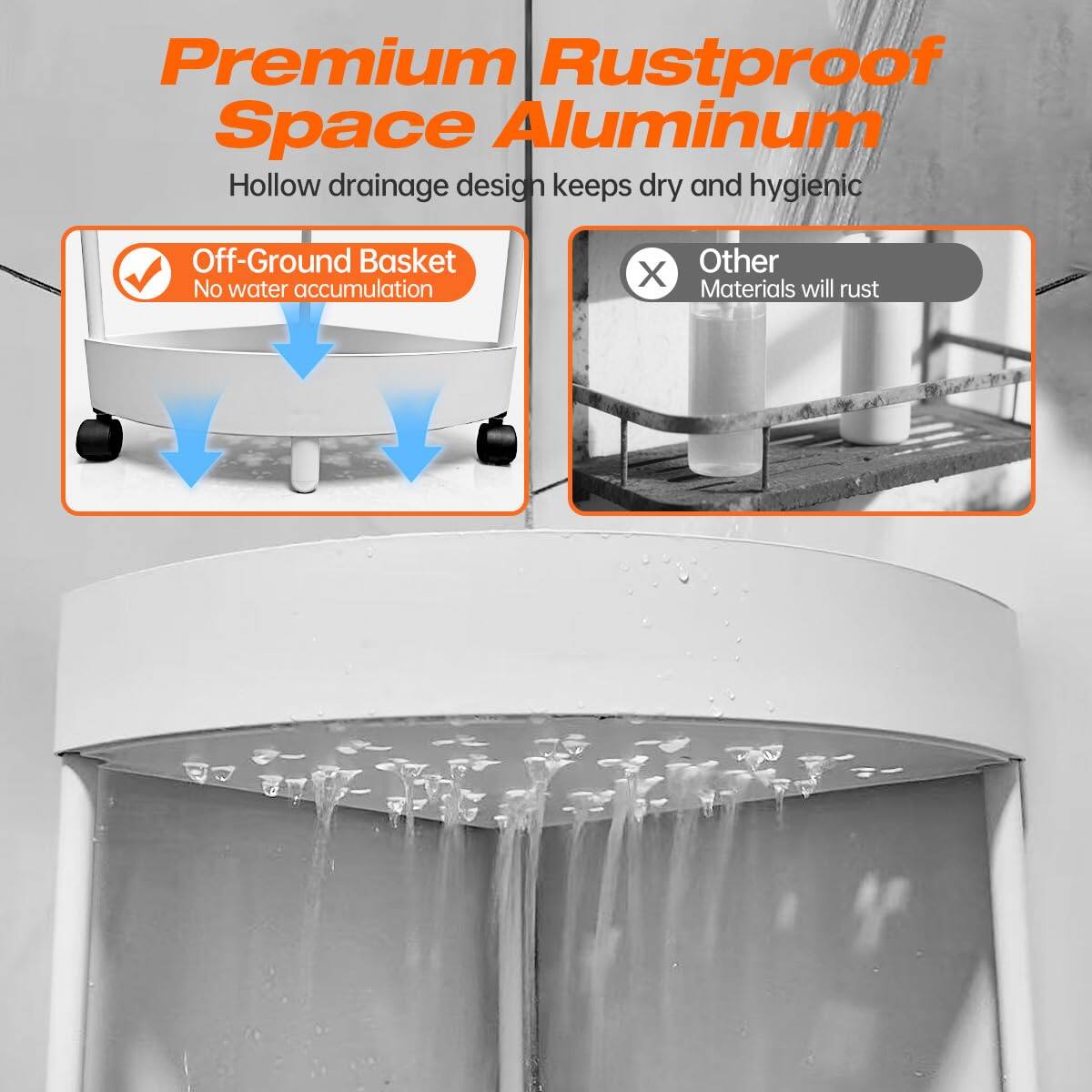 Premium Rustproof Space Aluminum  
Hollow drainage design keeps dry and hygienic  

- Off-Ground Basket  
  No water accumulation  

- Other Materials will rust