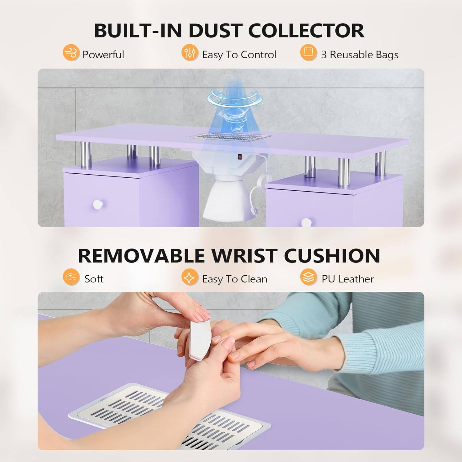 BUILT-IN DUST COLLECTOR  
- Powerful  
- Easy To Control  
- 3 Reusable Bags  

REMOVABLE WRIST CUSHION  
- Soft  
- Easy To Clean  
- PU Leather