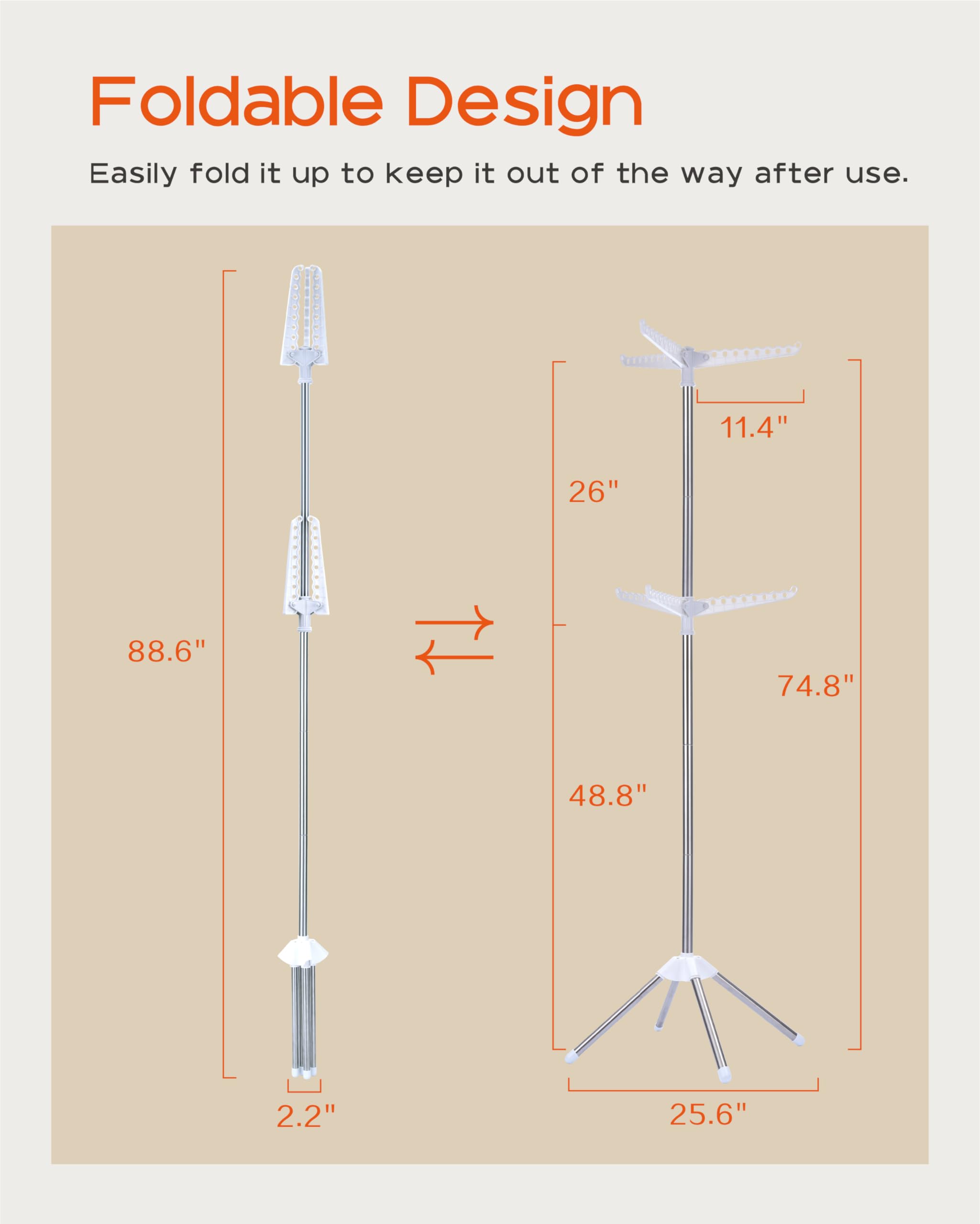 Foldable Design  
Easily fold it up to keep it out of the way after use.

- 88.6" (height when unfolded)
- 26" (width when unfolded)
- 11.4" (height of the top part)
- 74.8" (height of the middle part)
- 48.8" (height of the bottom part)
- 2.2" (diameter of the base)
- 25.6" (width of the base when folded)