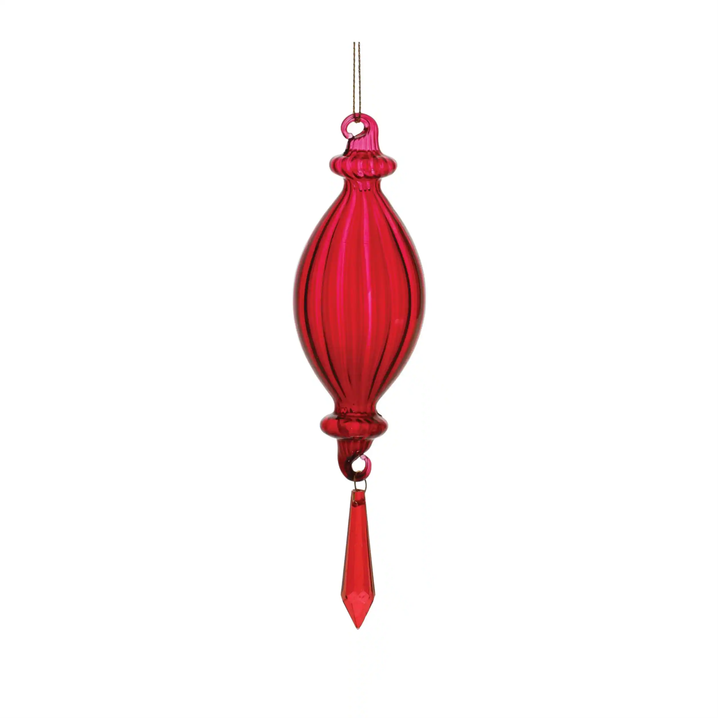 Angle. BreeBe - Red Ribbed Glass Drop Ornament with Jewel (Set of 3) - Red.