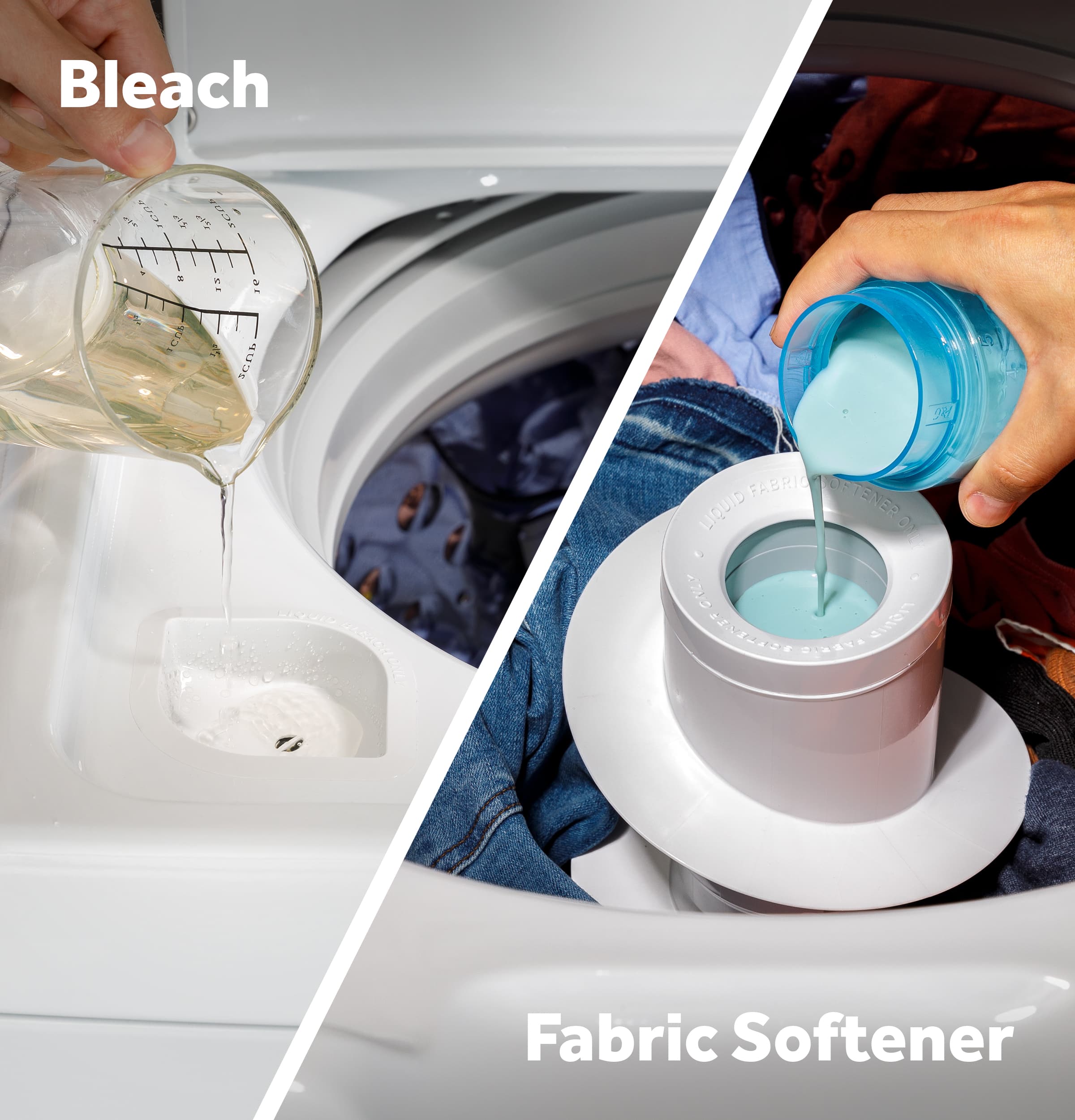 Bleach: A liquid used to clean clothes by removing stains and dirt.
Fabric Softener: A liquid used to soften clothes, making them feel more comfortable and reducing static electricity.