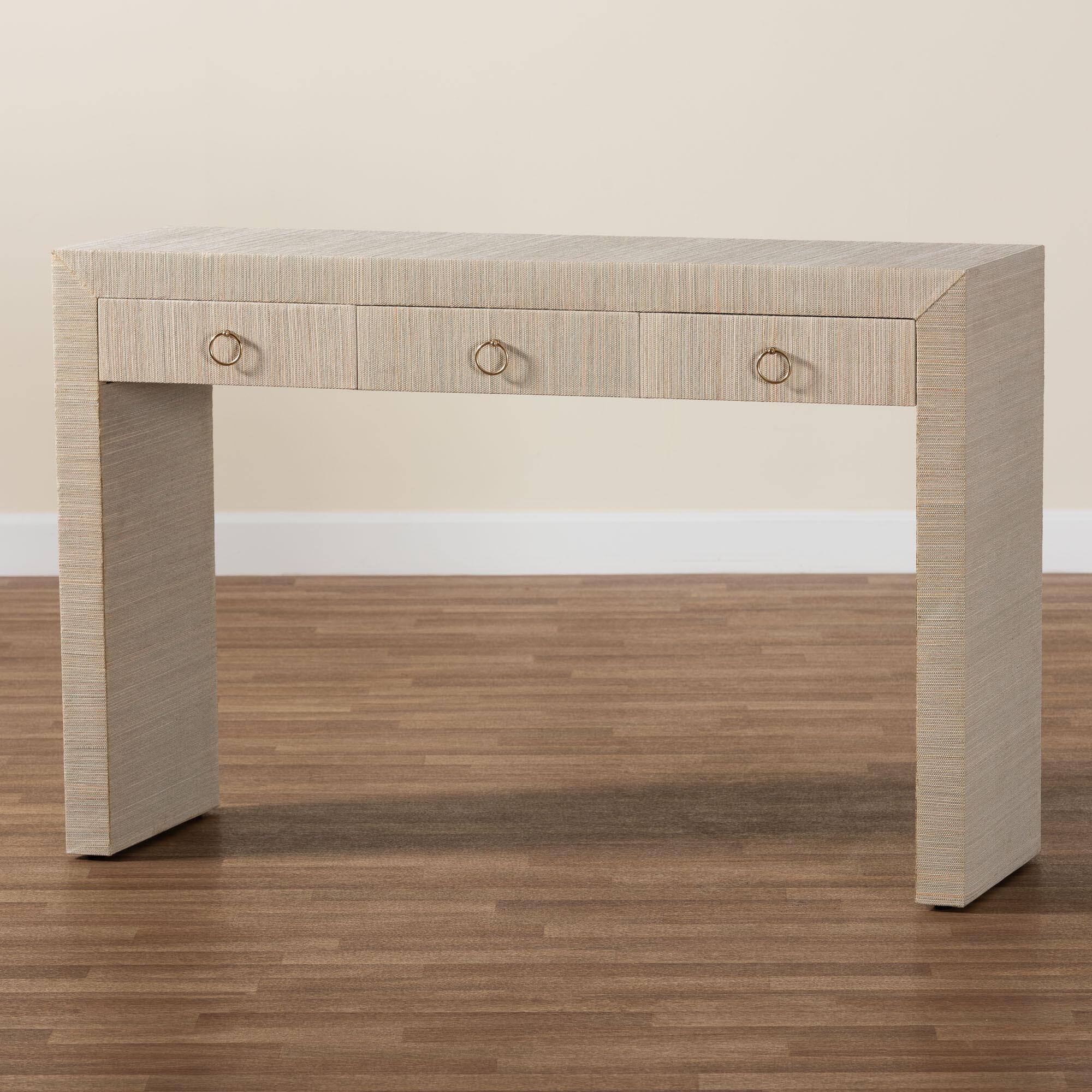 Alt View 6. bali & pari - Cielo Bohemian Woven Grasscloth 3-Drawer Console Table - Natural/Gold.