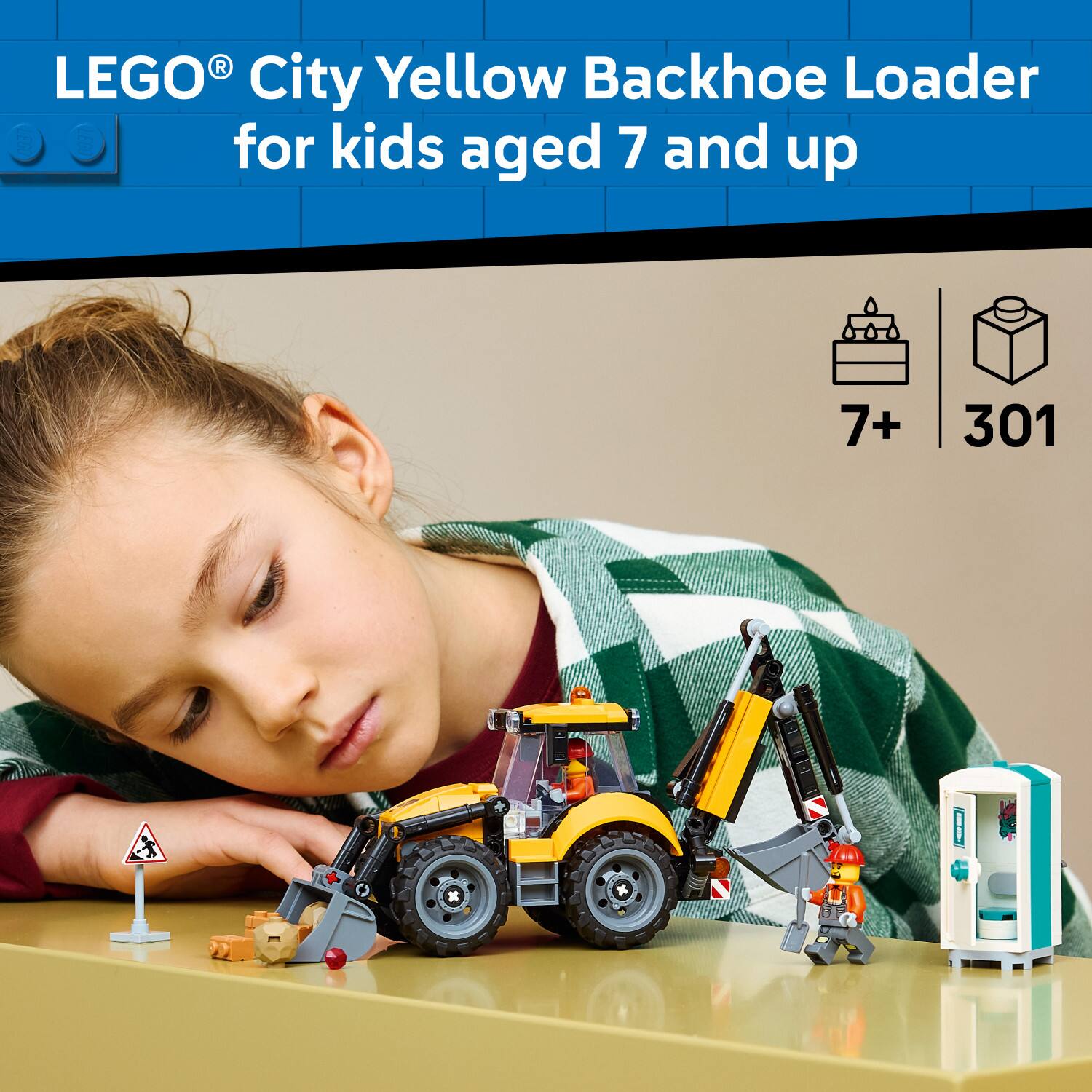 LEGO City Yellow Backhoe Loader for kids aged 7 and up  
7+  
301