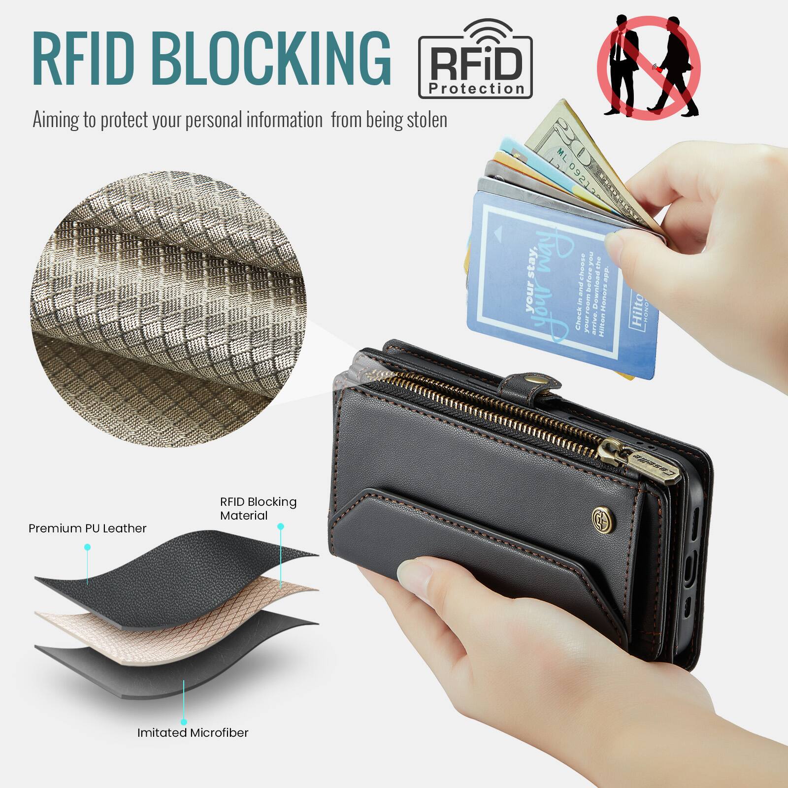 RFID BLOCKING  
Aiming to protect your personal information from being stolen

RFiD Protection

Premium PU Leather  
RFID Blocking Material  
Imitated Microfiber