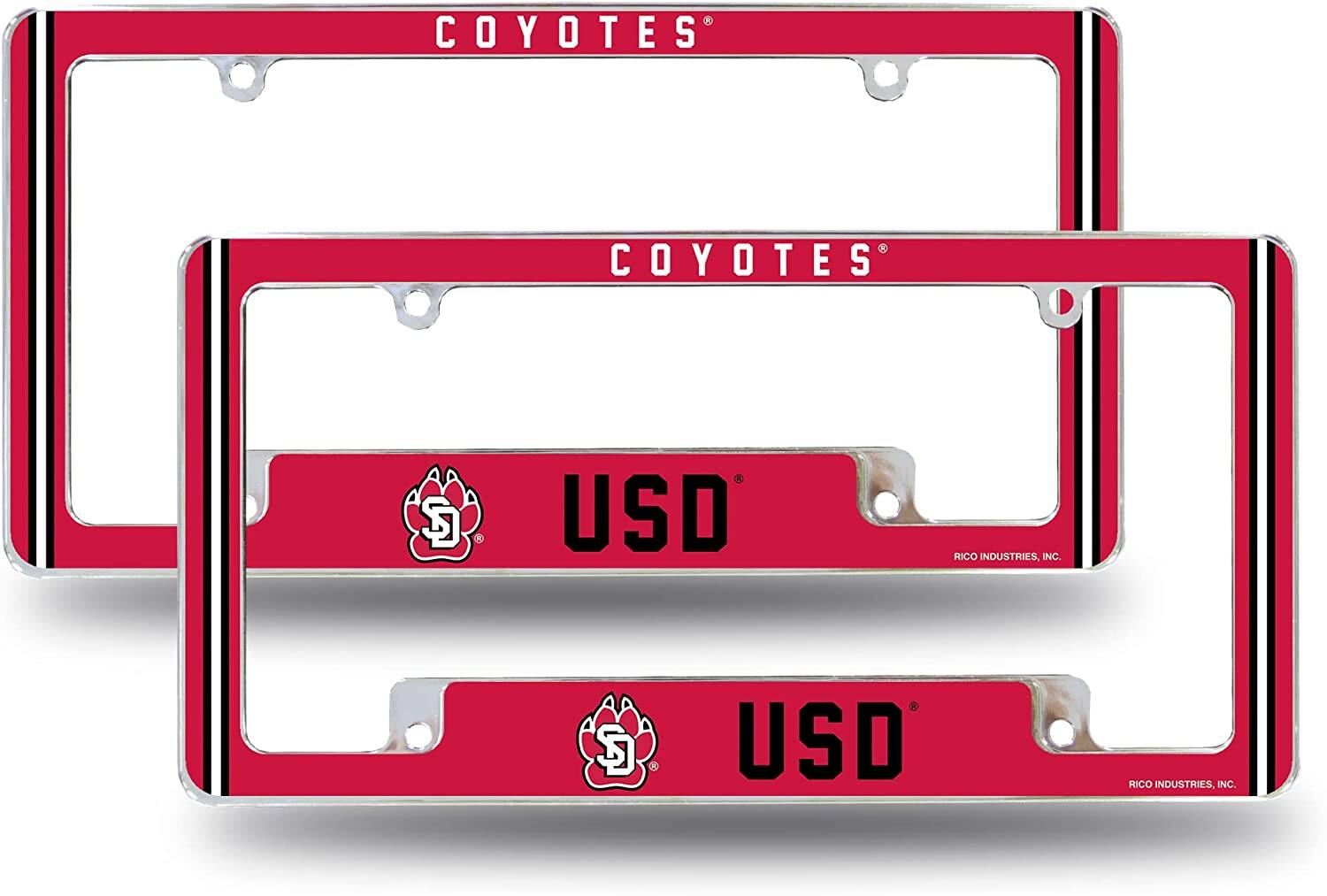 South Dakota NCAA Coyotes (Set of 2) Chrome Metal License Plate Frames with Bold Full Frame Design