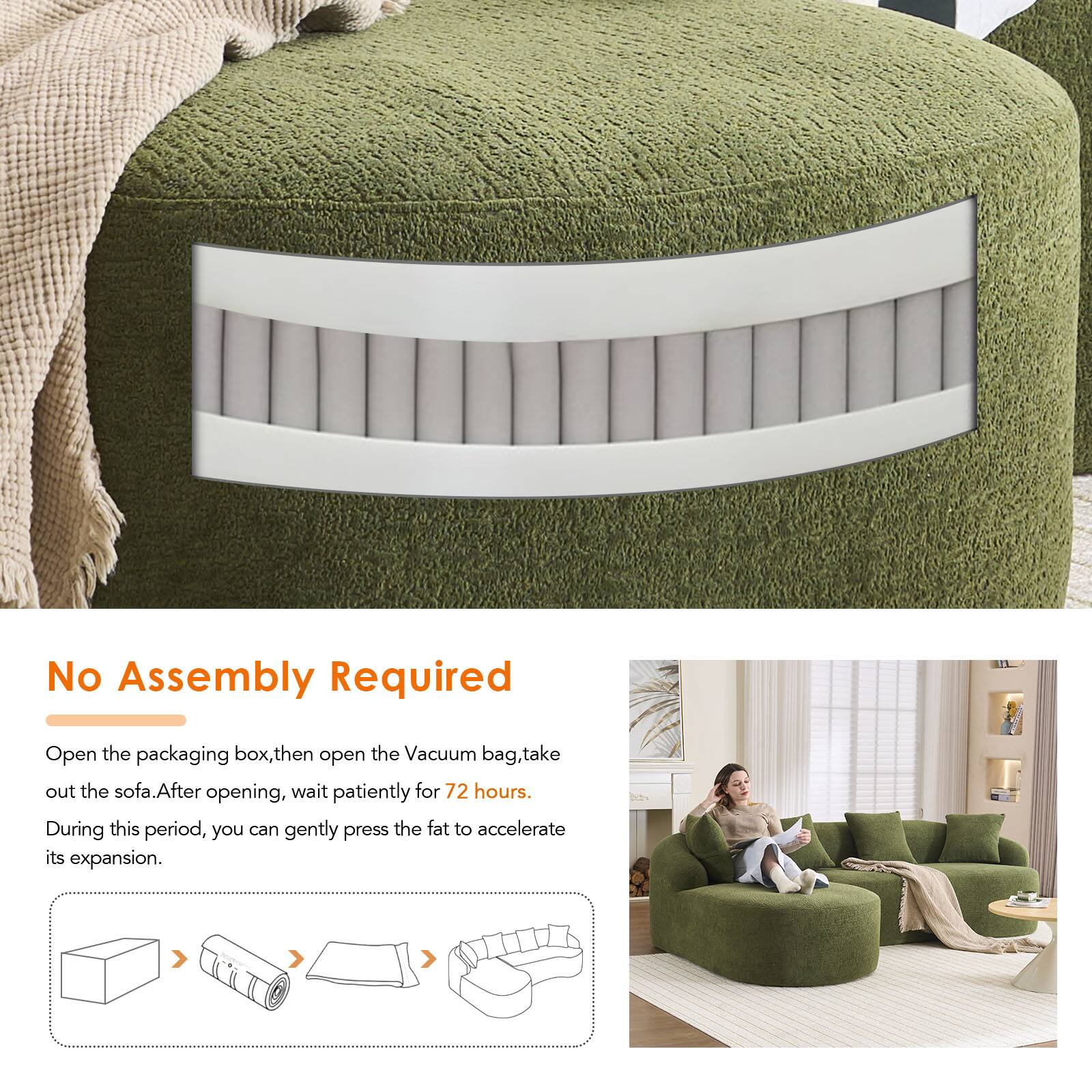 No Assembly Required

Open the packaging box, then open the Vacuum bag, take out the sofa. After opening, wait patiently for 72 hours. During this period, you can gently press the fat to accelerate its expansion.