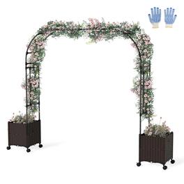 Costway - 6.6 FT Tall Metal Garden Arbor with 2 Raised Garden Planters Arch Trellis Outdoor - Black