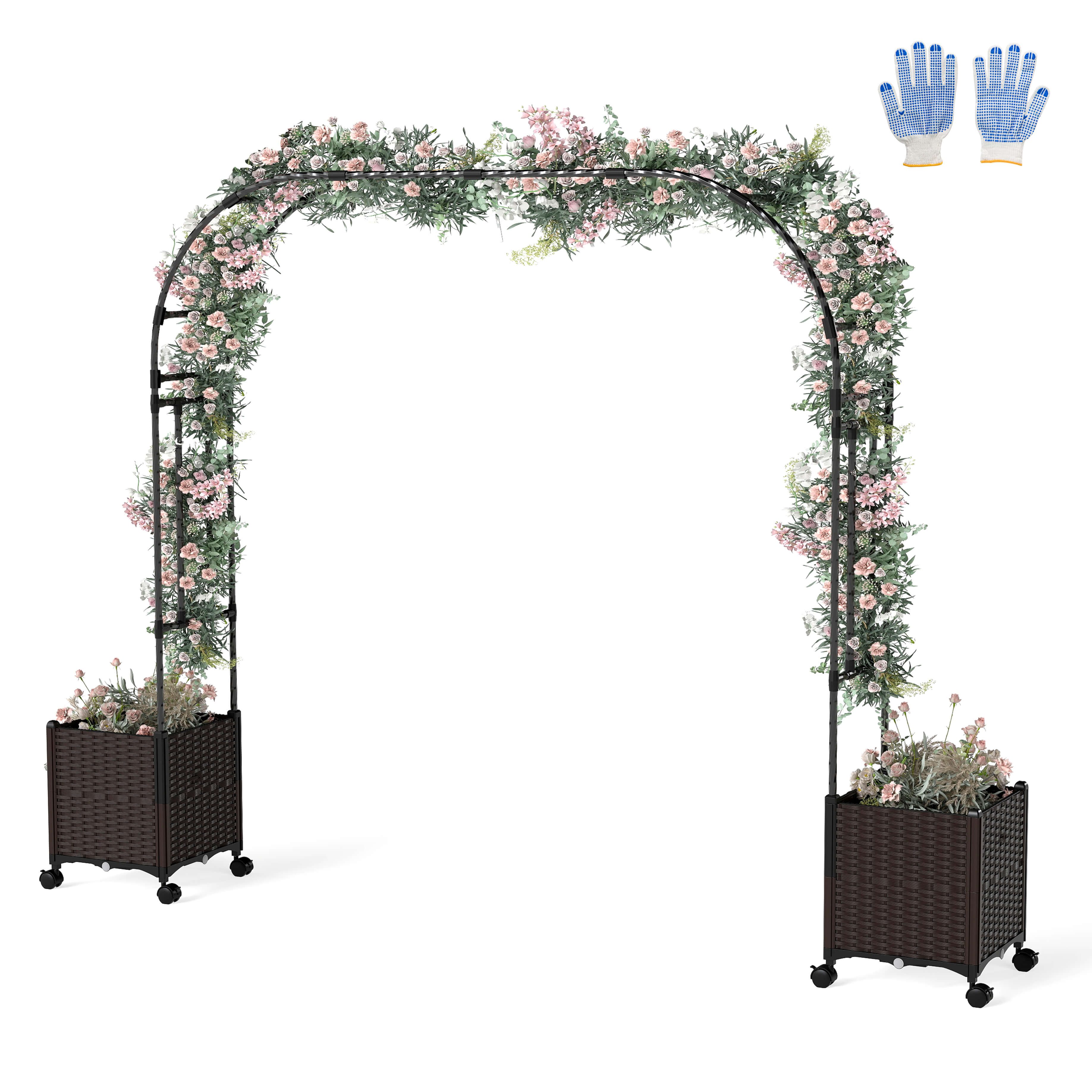 Front. Costway - Costway 6.6 FT Tall Metal Garden Arbor with 2 Raised Garden Planters Arch Trellis Outdoor - Black.