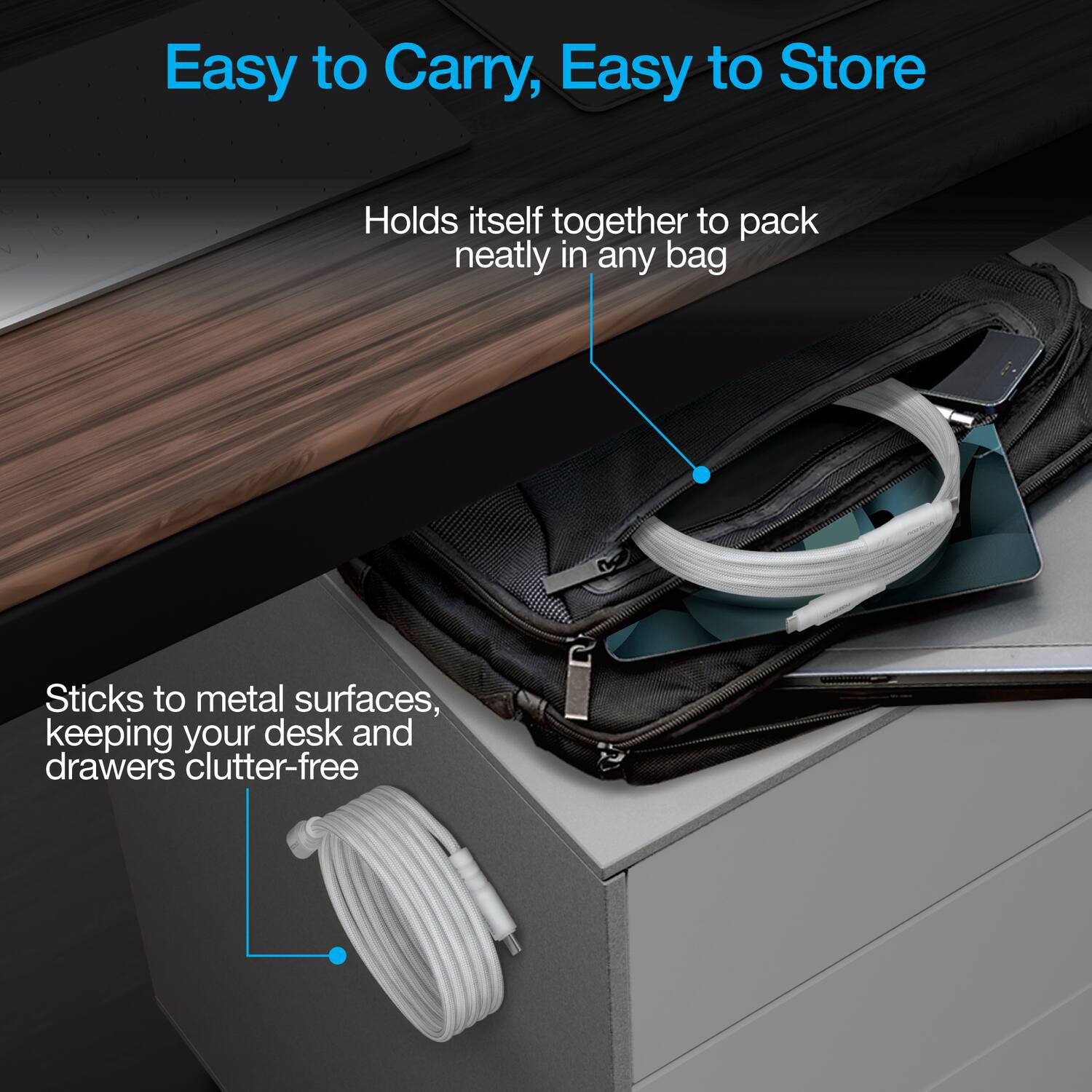 Easy to Carry, Easy to Store

- Holds itself together to pack neatly in any bag
- Sticks to metal surfaces, keeping your desk and drawers clutter-free