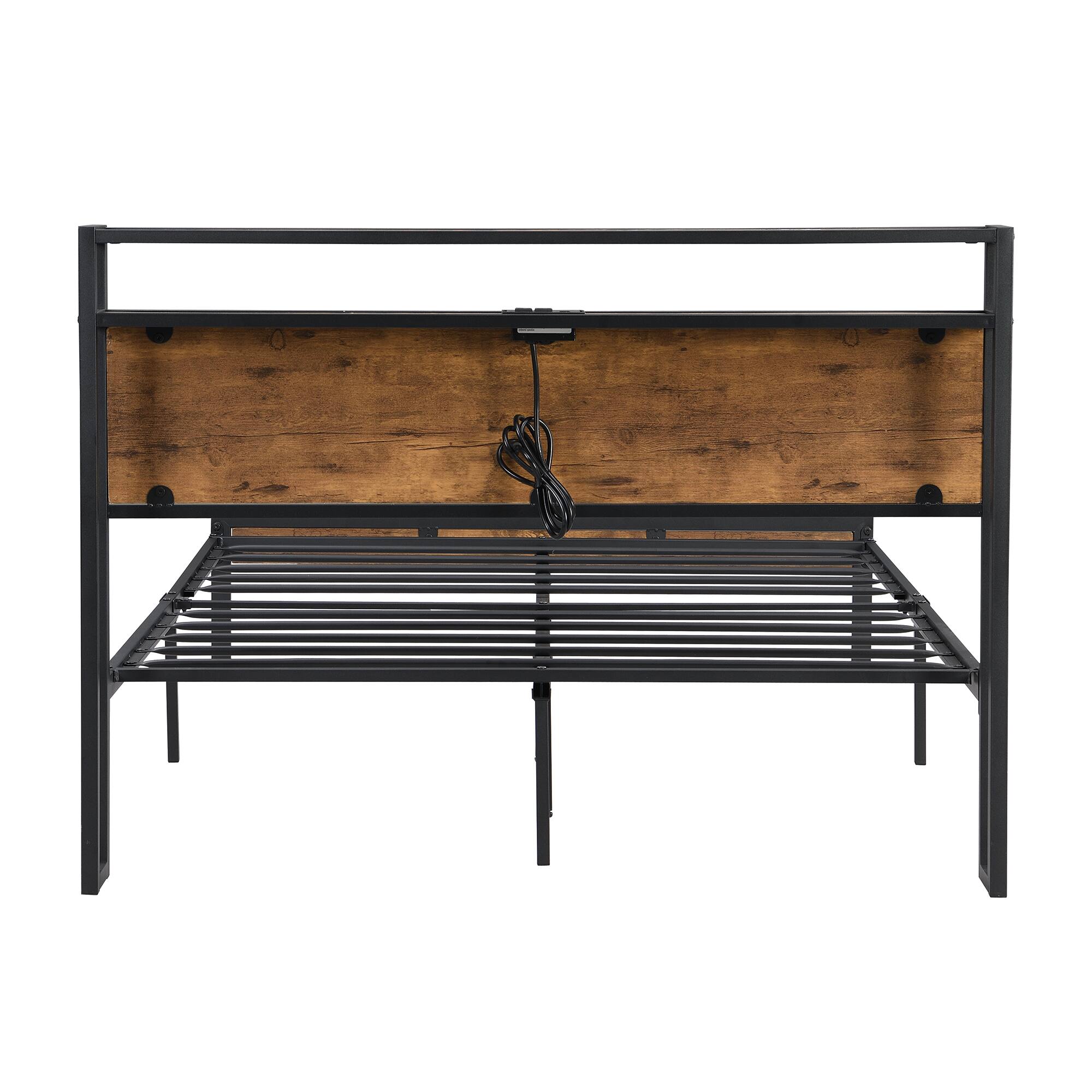 Alt View 4. Trinkets Crazed - King Size Metal Platform Bed Frame with Wooden Headboard and Footboard with USB Liner, No Box Spring Needed - Black.