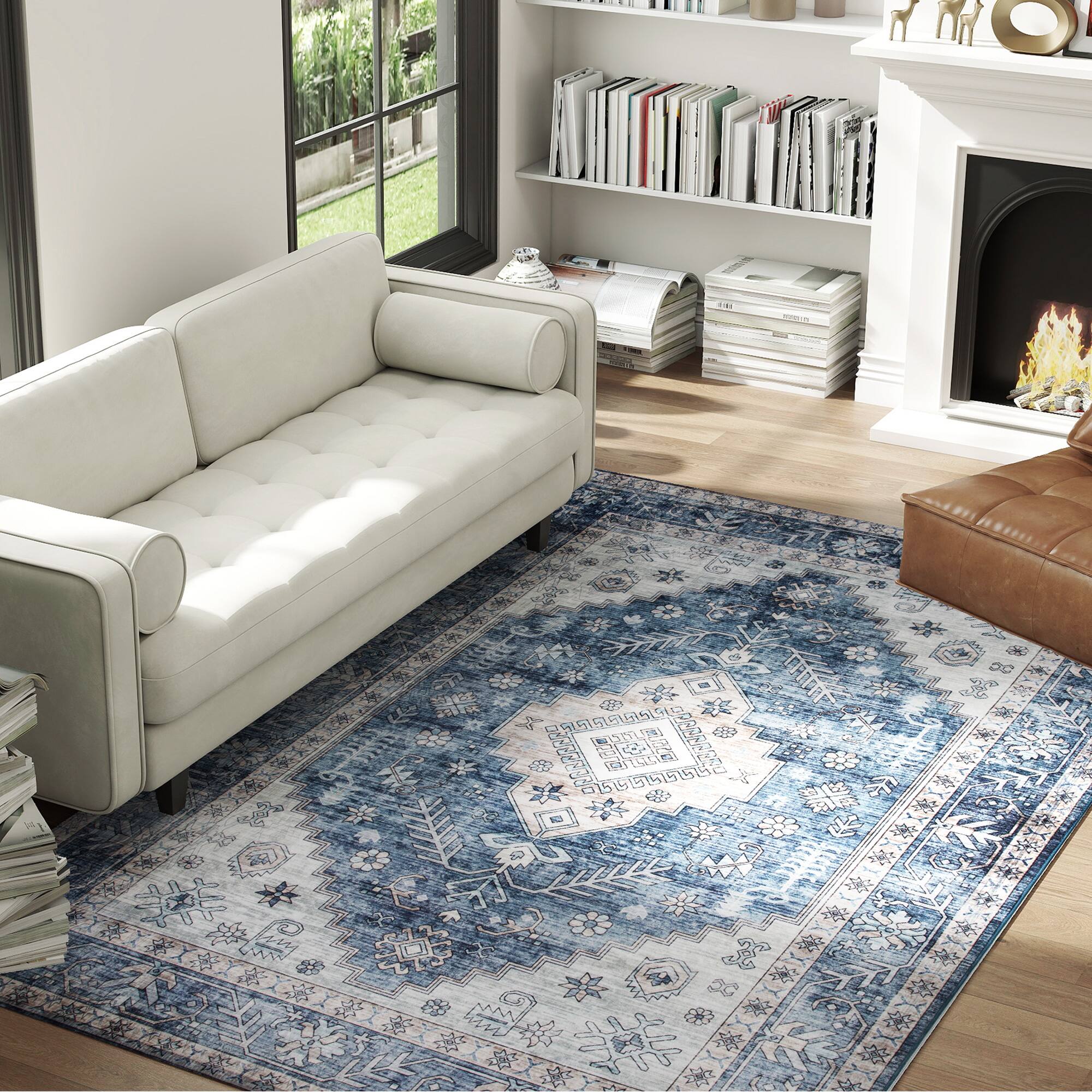 Alt View 2. Homcom - HOMCOM 5x7 Mach-Wash Rug: Vintage Non-Slip Blue Distress Carpet, Indoor Boho Area Living Room - Blue.