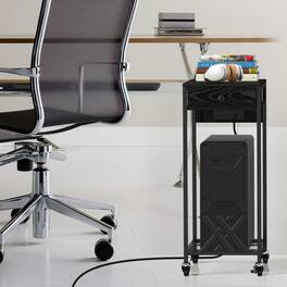 Oumilen - Mobile Printer Stand with Charging Station & Wooden Drawer, Rolling Side Table with Mesh Storage Shelf - Black