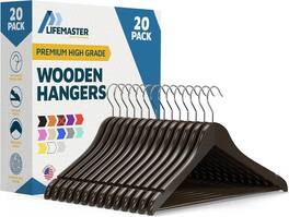 Lifemaster - Wooden Clothes Hangers – 20-Pack, 360° Swivel Hook, Non-Slip Notch, Pants Bar, Holds 10 lbs, for Suits, Coats & Dresses - Brown