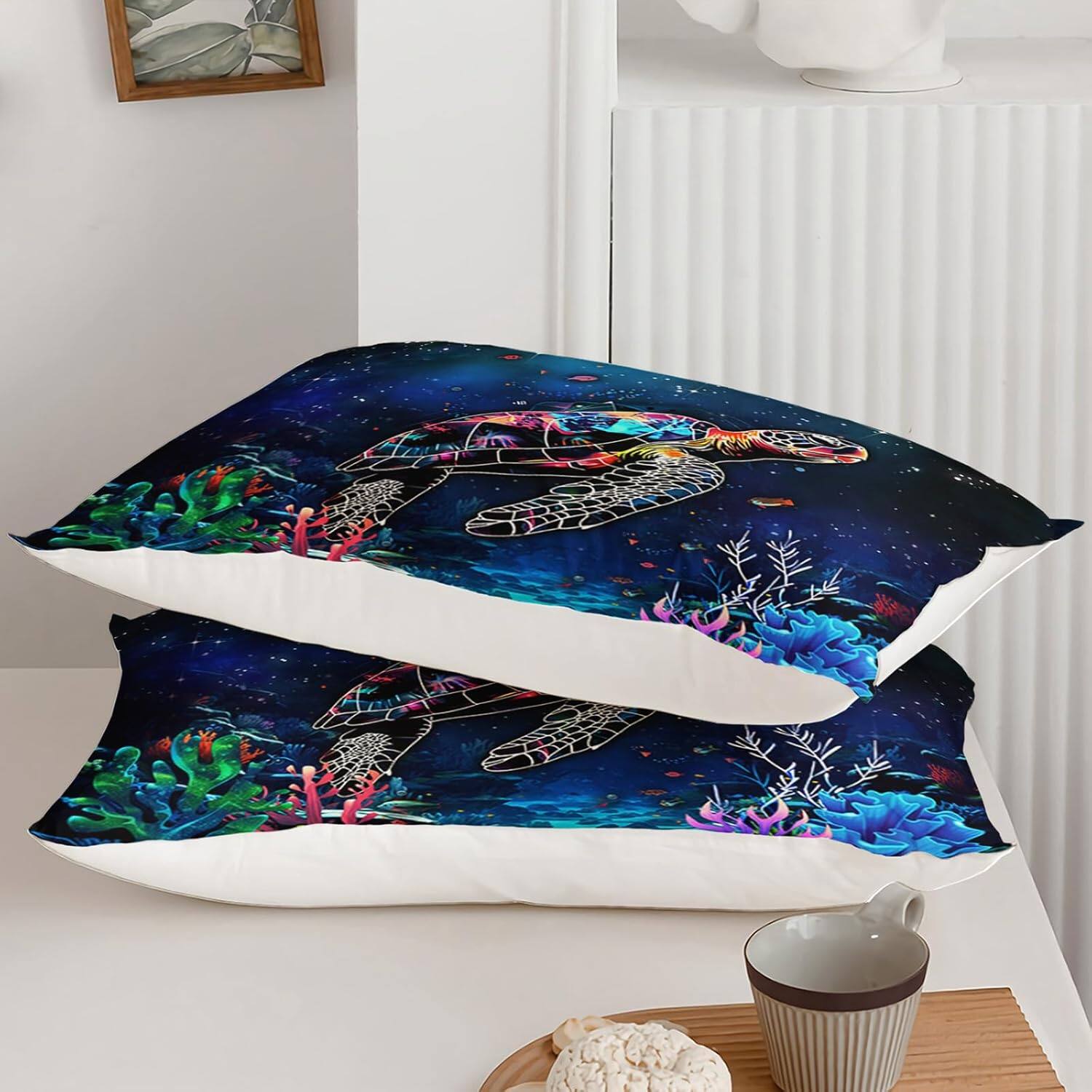 Alt View 4. Wikistore - WIKISTORE Turtle Comforter Set Queen Size Ocean Beach Animals Bedding with Fish Coral Pattern - As Picture.