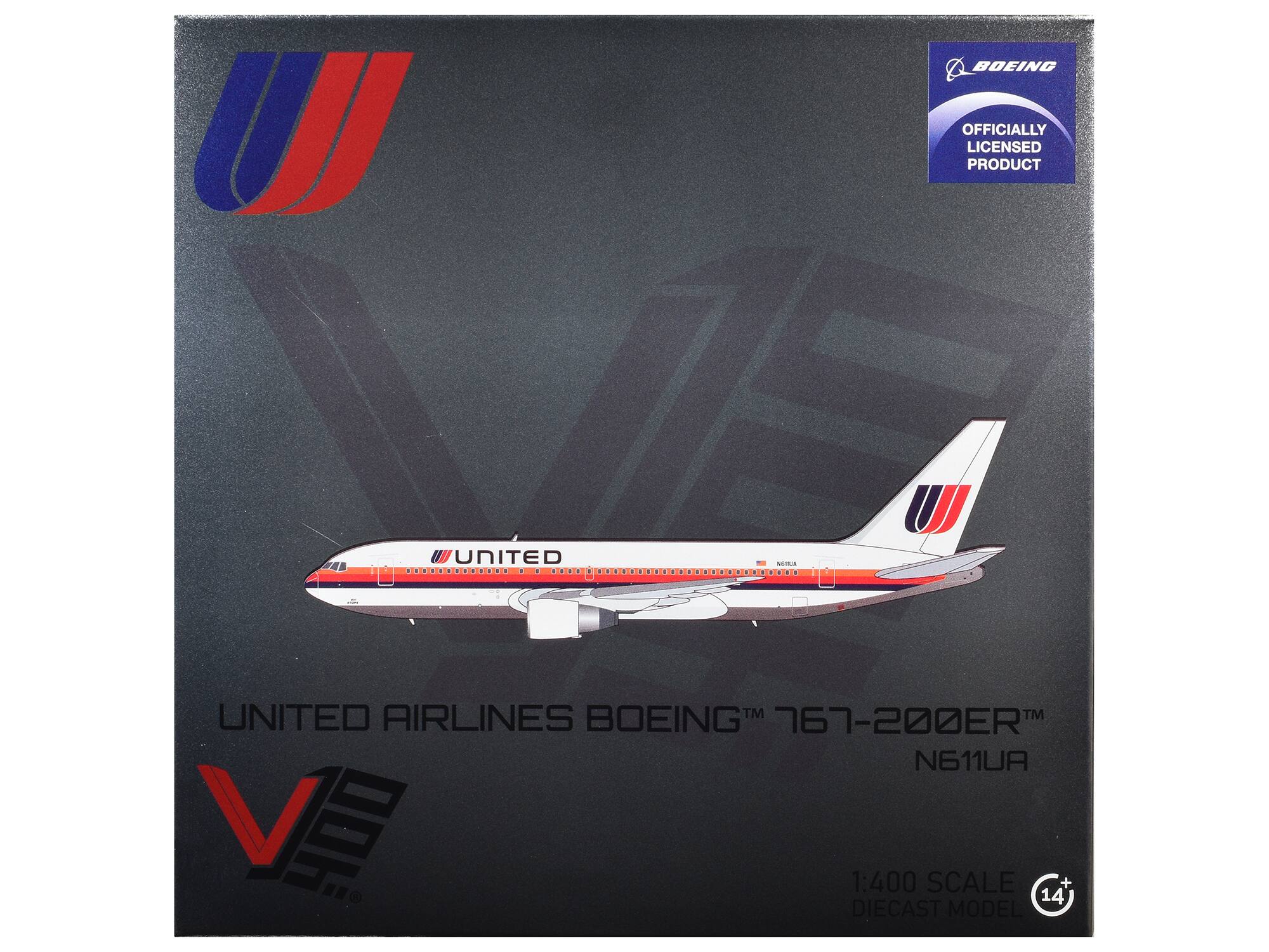 BOEING  
OFFICIALLY LICENSED PRODUCT  
UNITED AIRLINES BOEING 767-200ER™ N611UA  
1:400 SCALE + 14 DIECAST MODEL
