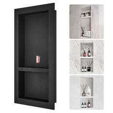 Front. VEVOR - Shower Niche Ready for Tile 16" x 32", Double Shelf Organizer, Square Corners Wall-inserted Niche Recessed - Black.