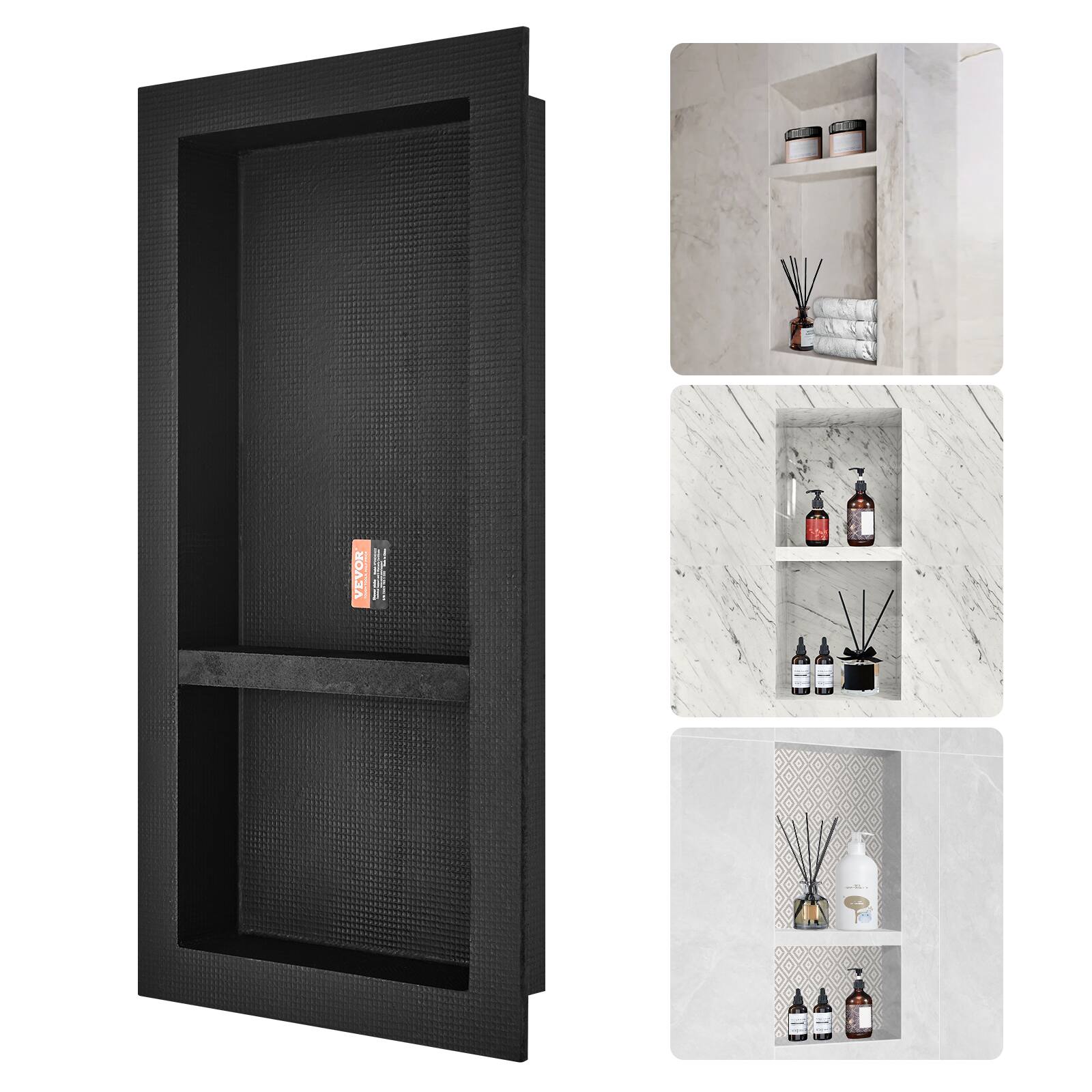 Front. VEVOR - Shower Niche Ready for Tile 16" x 32", Double Shelf Organizer, Square Corners Wall-inserted Niche Recessed - Black.