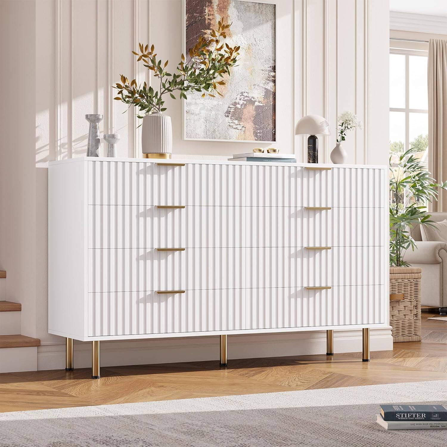 Acekool - Storage Cabinet Chest of Drawers 8-Drawer Storage Cabinet for Living Room, Hallway, Entryway - White