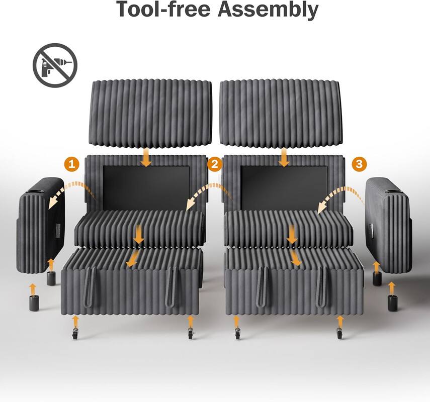 Tool-free Assembly

1. Place the backrest on the seat frame.
2. Attach the side panels.
3. Add the front panel and legs.