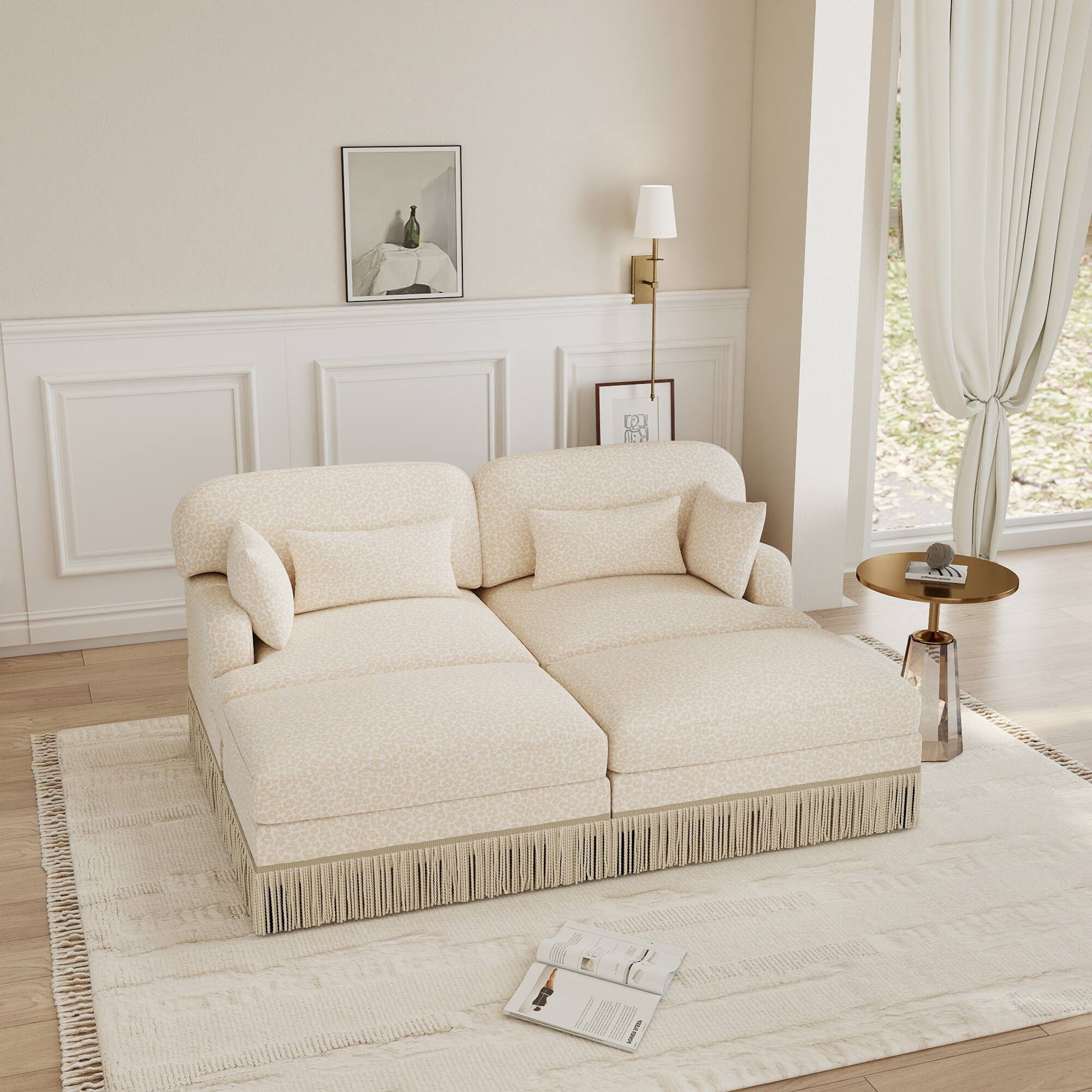 Left. Anysun - Modular Comfy Leopard Printing Loveseat with Exquisite Tassel Trimmings and 2 Movable Ottomans - Beige.