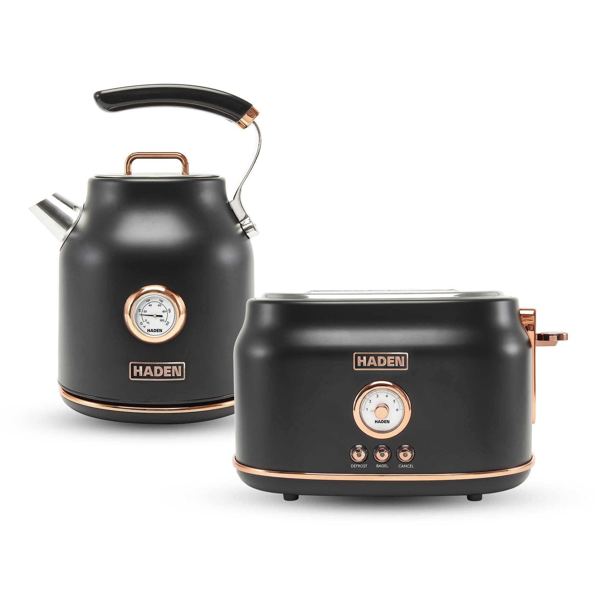 Haden - Dorset Electric Water Kettle & 2 Slice Wide Slot Toaster, Black & Copper - Black/Copper