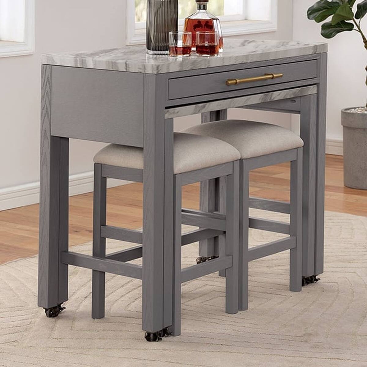 Loheer - Counter Height Dining Table With Faux Marble Top and Nested Table - Light Gray