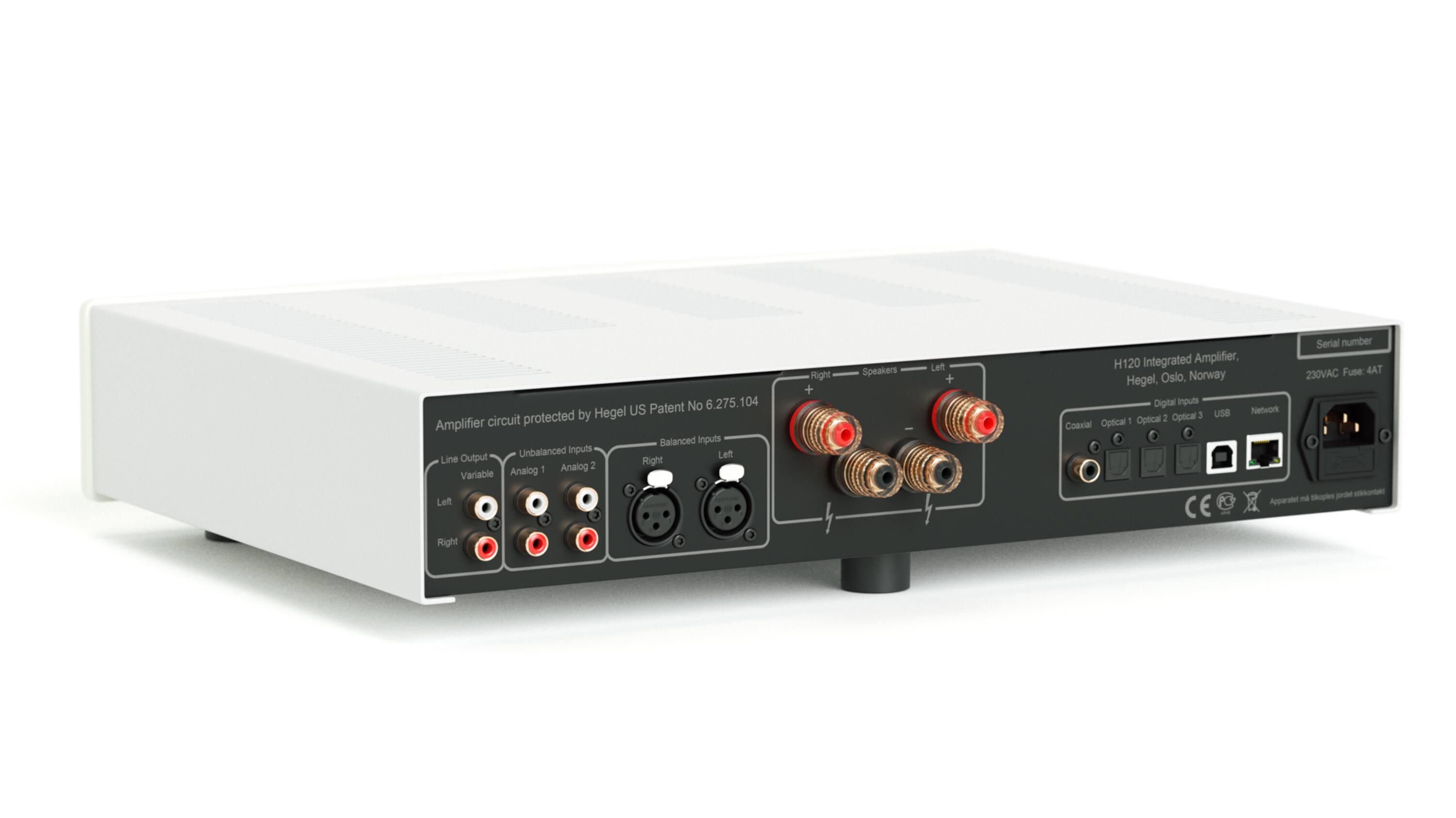 The text on the image reads:

"Patent No 6.275.104 by Hegel US Amplifier circuit protected Balanced Inputs Unbalanced Inputs Left Line Output Right 1 Analog 2 Variable Analog > 3 Left Right + Speakers - Left + Serial number H120 Integrated Amplifier, 230VAC Fuse: 4AT Hegel, Oslo, Norway Digital inputs USB Network 2 Optical 3 Coaxial Optical - Optical a a Shoples pordel aoic PC Apparatot - 3 Right 3 3"

The text is describing a Hegel amplifier with various features, such as balanced and unbalanced inputs, left and right line outputs, and digital inputs. The amplifier is designed to protect the circuit and is suitable for use with a variety of devices, including speakers, PCs, and other electronic equipment. The amplifier is made by Hegel, a company based in Oslo, Norway, and is designed to provide high-quality audio output.