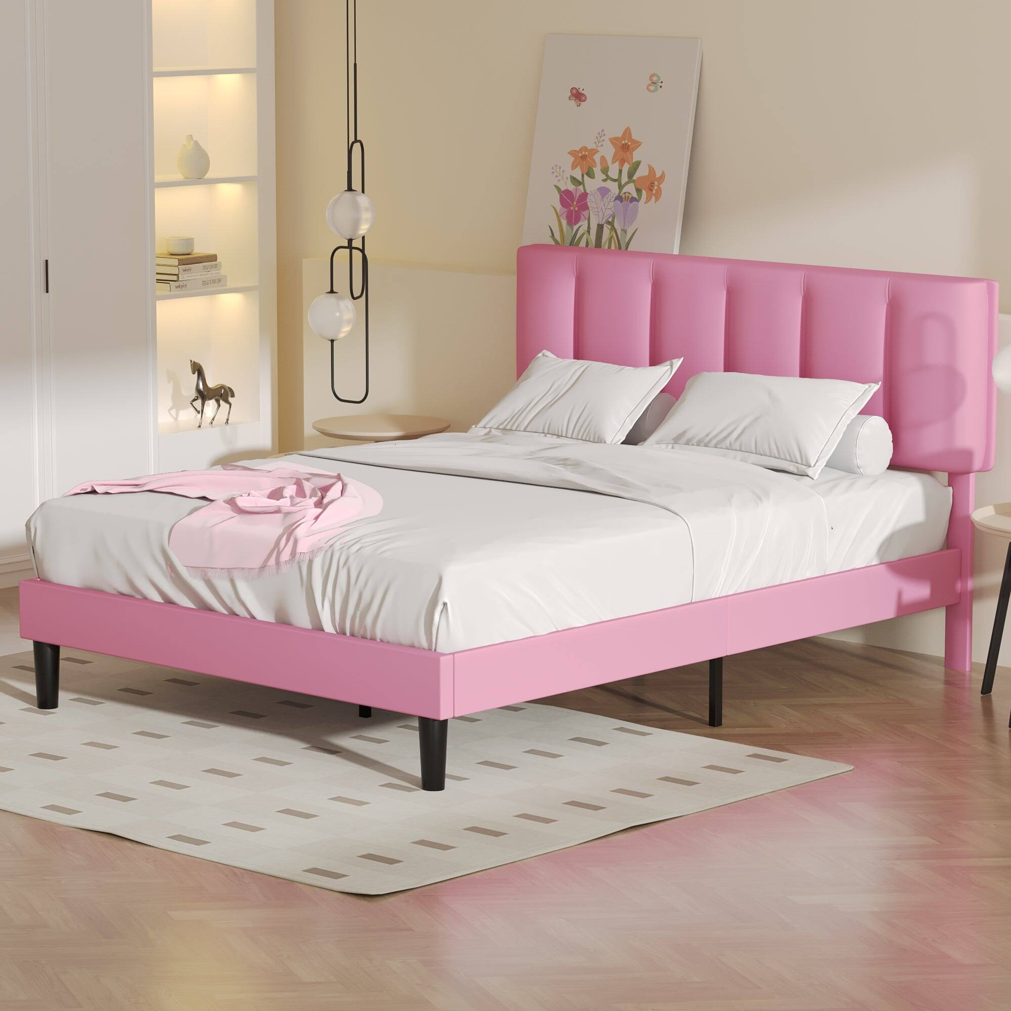 Alt View 1. Vecelo - Queen Upholstered Bed with Adjustable Headboard & 7.9" Underbed Storage - Quiet Slat Metal Platform Bed,Fabric Frame - Pink.