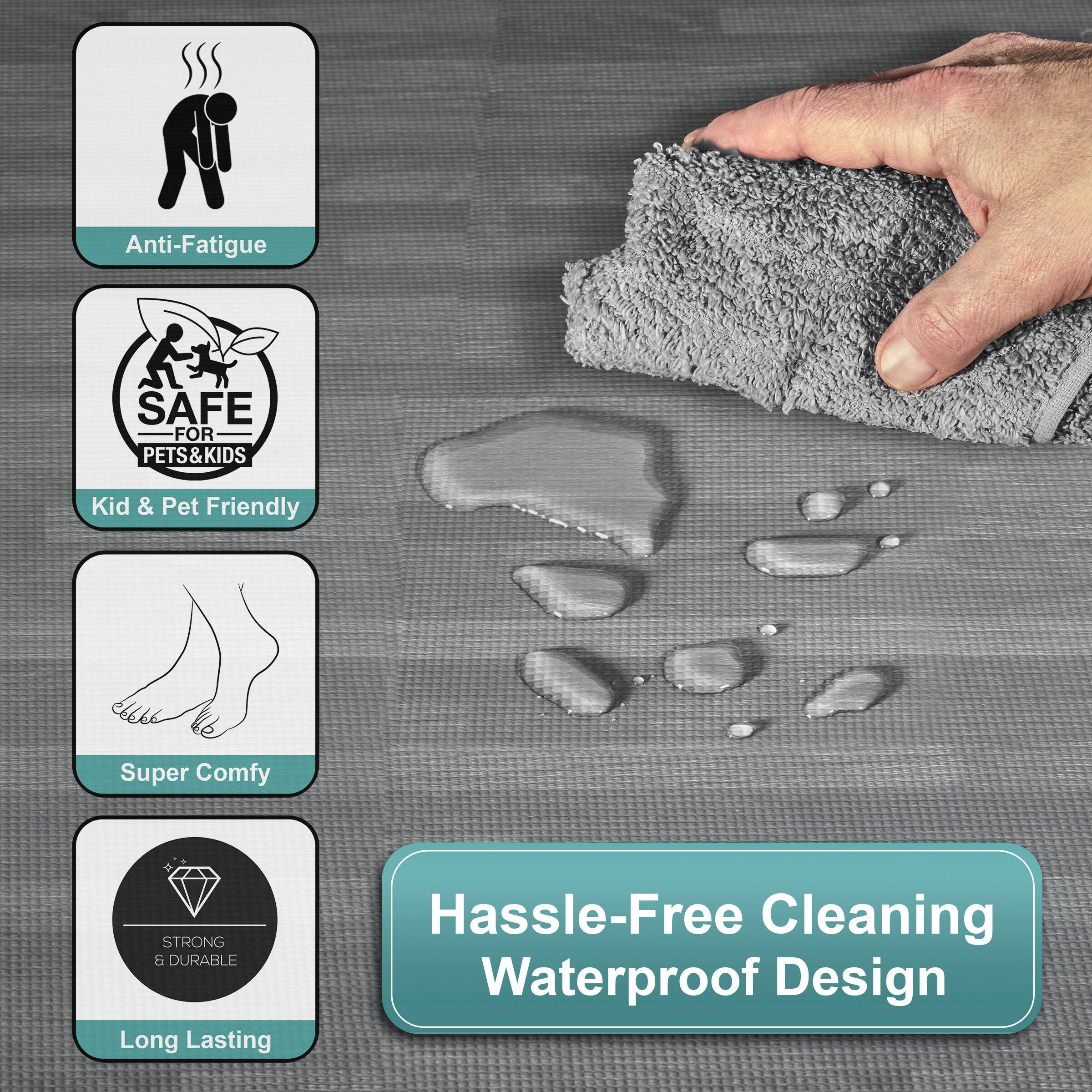 - Anti-Fatigue
- SAFE FOR PETS & KIDS
- Kid & Pet Friendly
- Super Comfy
- STRONG & DURABLE
- Long Lasting
- Hassle-Free Cleaning
- Waterproof Design
