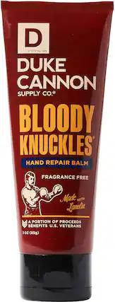 Duke Cannon Supply Co. Bloody Knuckles Hand Repair Balm is a product made by the Duke Cannon Supply Co. It is a hand repair balm that comes in a 3 oz (85g) tube. The product is fragrance free and contains lanolin. A portion of the proceeds from this product goes to benefit U.S. veterans.