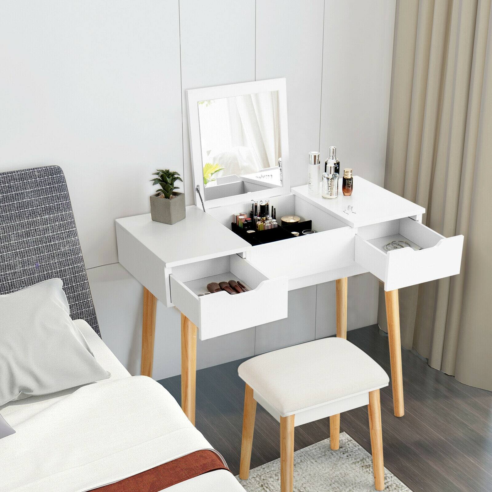 Alt View 4. SlickBlue - Vanity Desk with Flip Top Mirror and 2 Drawers for Bedroom Makeup - White.