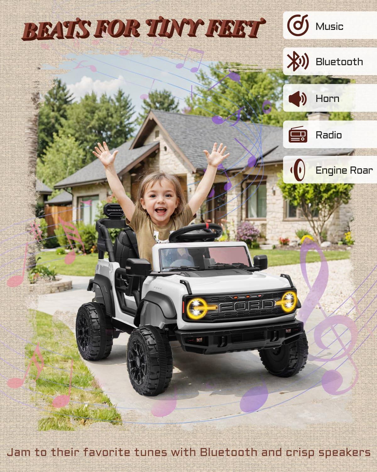 BEATS FOR TINY FEET

Music
Bluetooth
Horn
Radio
Engine Roar

Jam to their favorite tunes with Bluetooth and crisp speakers