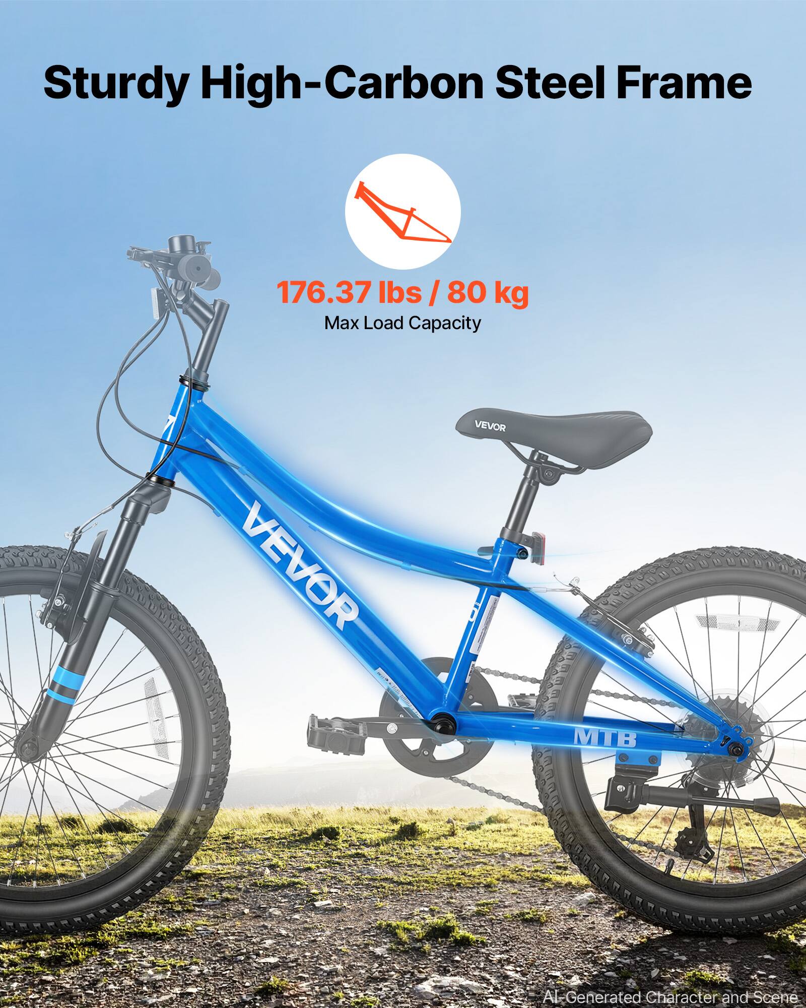 Sturdy High-Carbon Steel Frame

176.37 lbs / 80 kg Max Load Capacity

VEVOR

MTB

AI-Generated Character and Scene