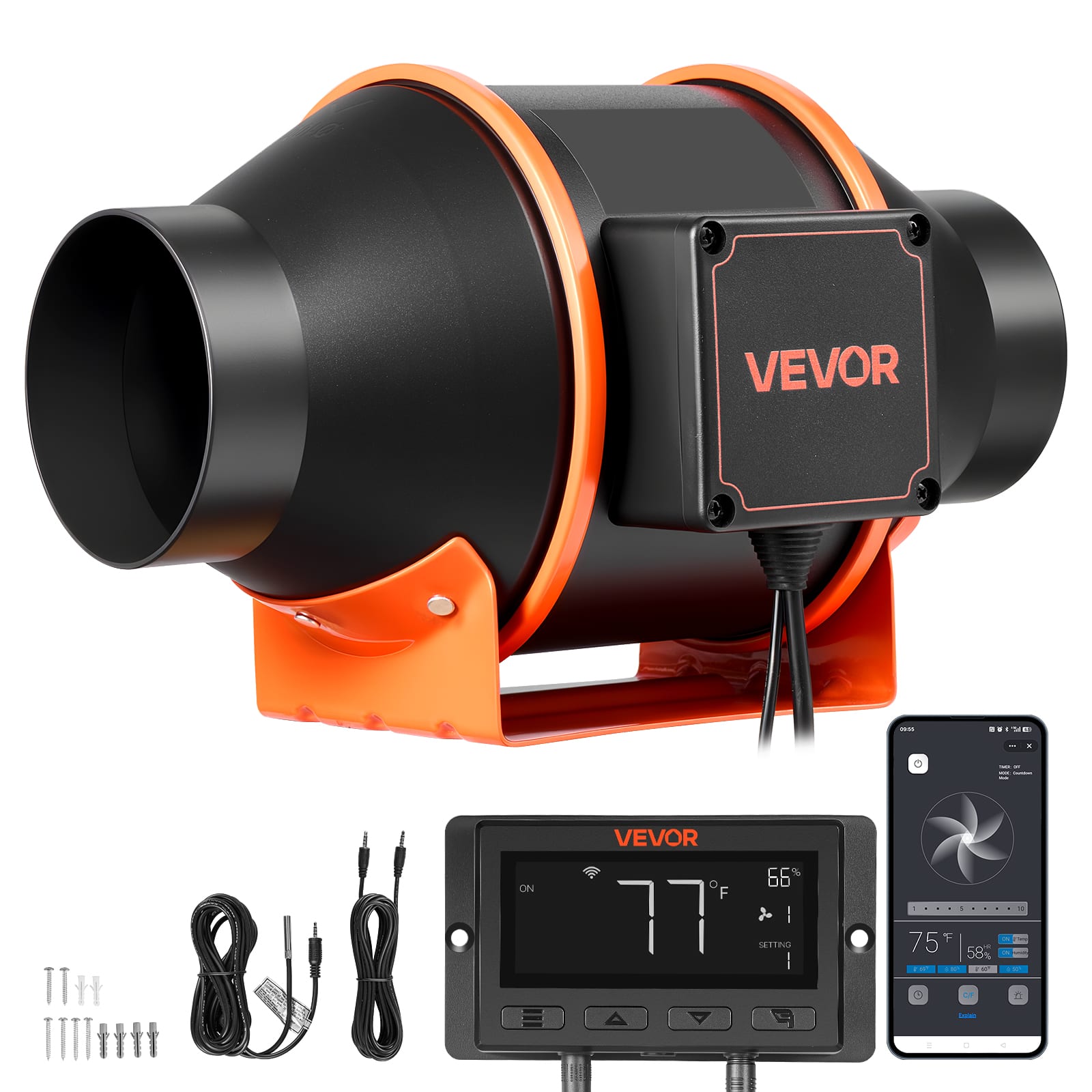 VEVOR - Inline Duct Fan, 205 CFM 4 inch EC Motor Exhaust Ventilation Fan with 10-Speed, PWM Controller, App Control - Black