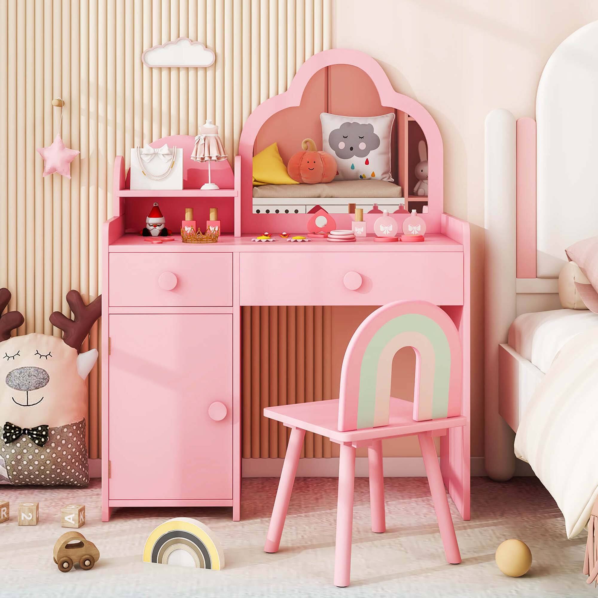 Alt View 3. Costway - Costway Kids Vanity Table and Chair Set with Cloud-shaped Mirror Open Shelf Storage Drawers - Pink.