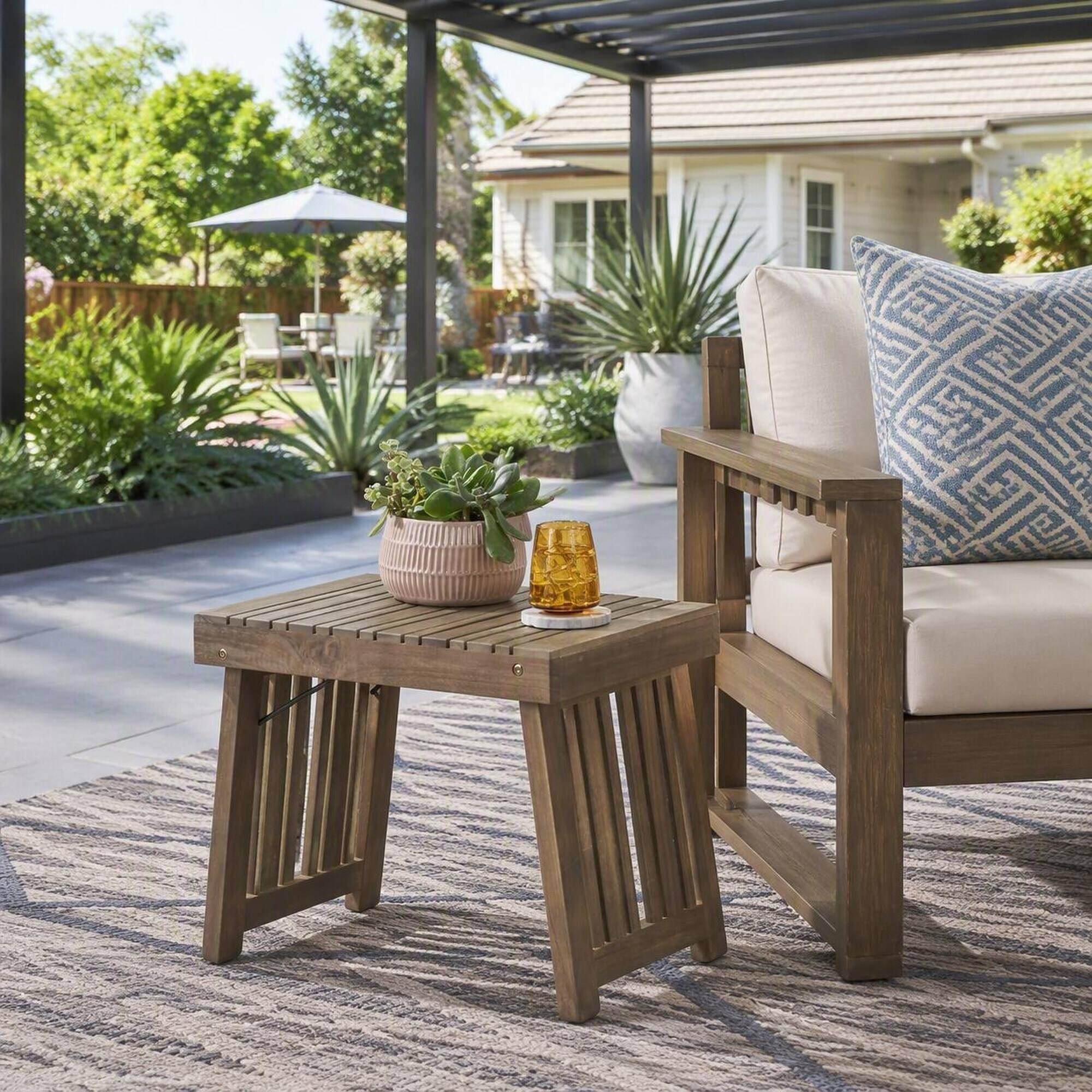 Back. RYHNUYNE - Solid Wood Outdoor Side Table, Grey Brown Slatted Patio End Table for Garden Backyard Porch Balcony - Grey.