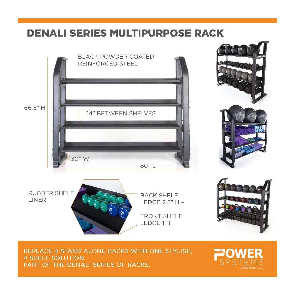 DENALI SERIES MULTIPURPOSE RACK  
BLACK POWDER COATED REINFORCED STEEL  
66.5" H  
14" BETWEEN SHELVES  
30" W  
80" L  
RUBBER SHELF LINER  
BACK SHELF LEDGE 2.5" H  
FRONT SHELF LEDGE 1" H  
REPLACE 4 STAND ALONE RACKS WITH ONE STYLISH, 4 SHELF SOLUTION.  
POWER PART OF THE DENALI SERIES OF RACKS.  
SYSTEMS PLAYCORE