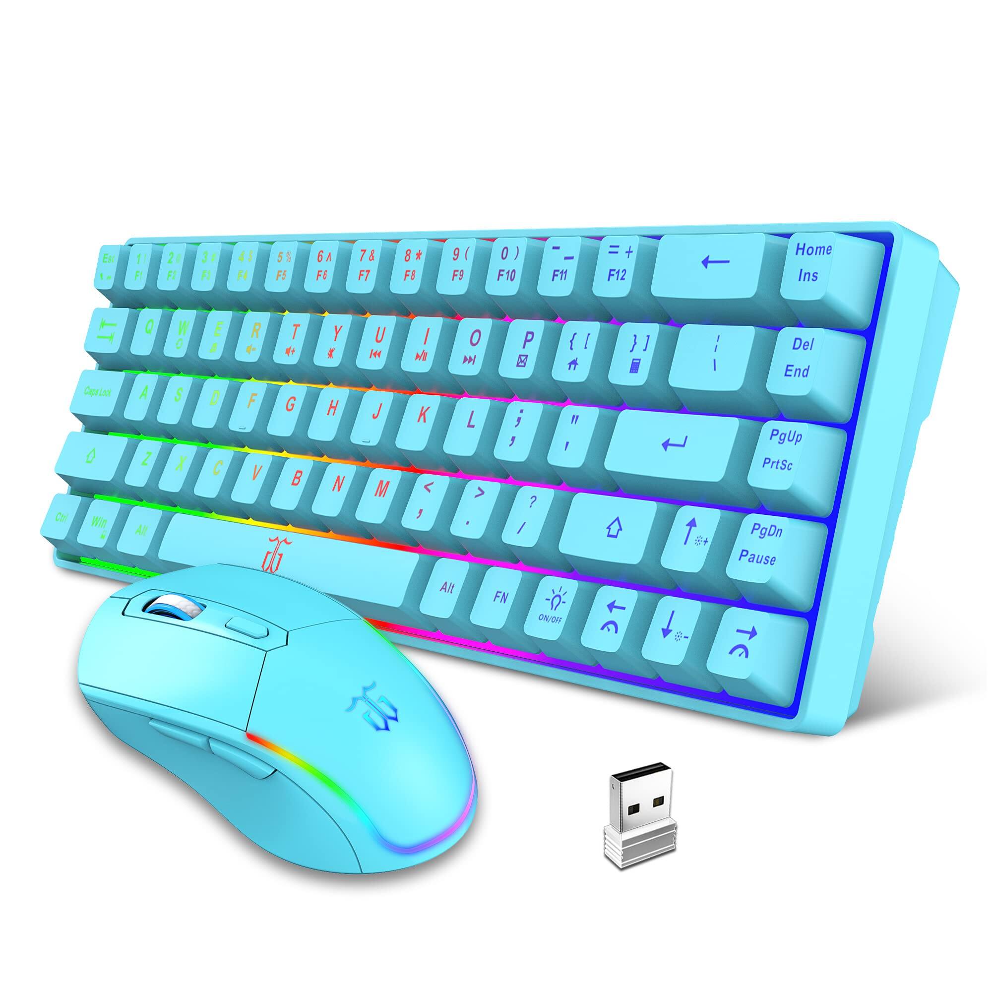 Cozy Serene - 60 Wireless Gaming And Mouse Combo Led Backlit Rechargeable ah Small Membrane But Mechanical Feel Popular Rgb Mice - Blue Combo