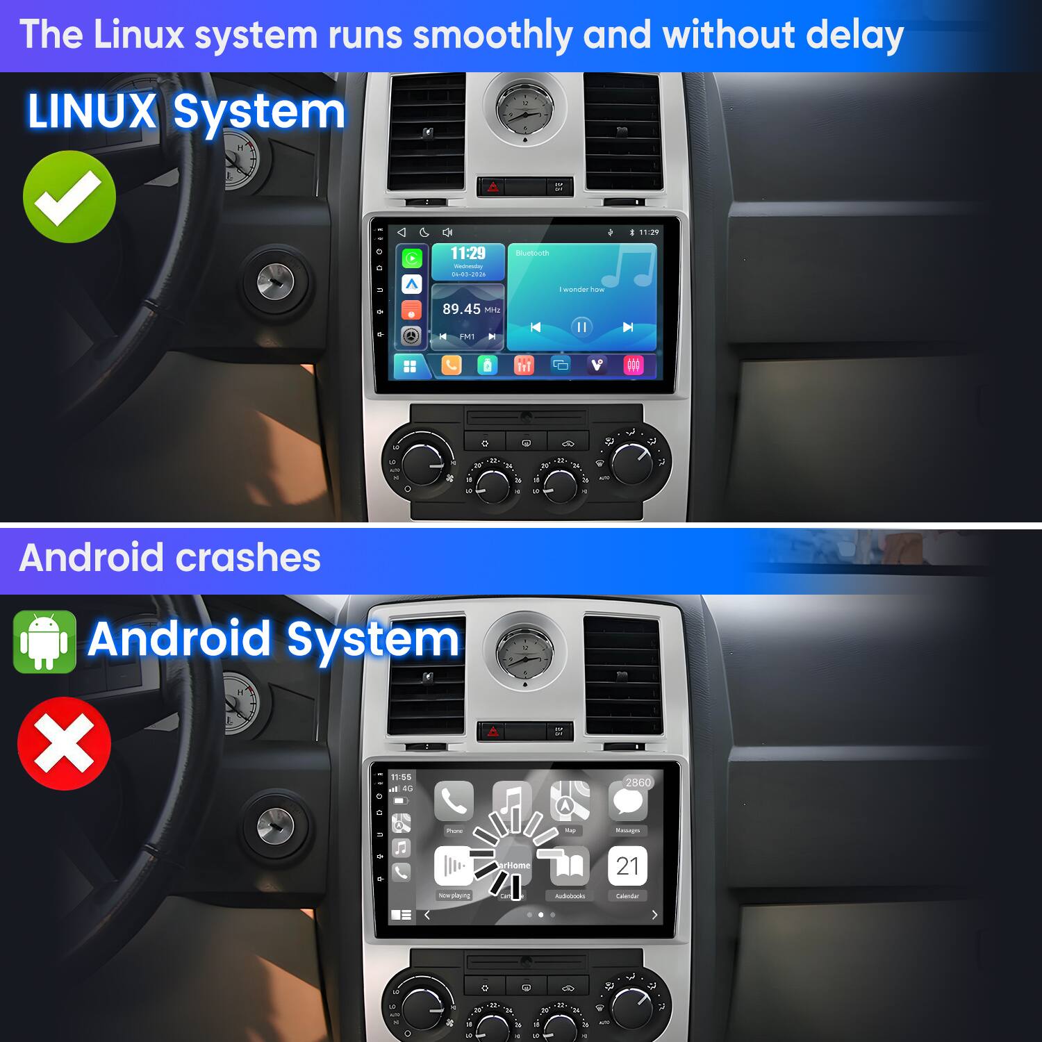 The Linux system runs smoothly and without delay.  
LINUX System  

Android crashes  
Android System